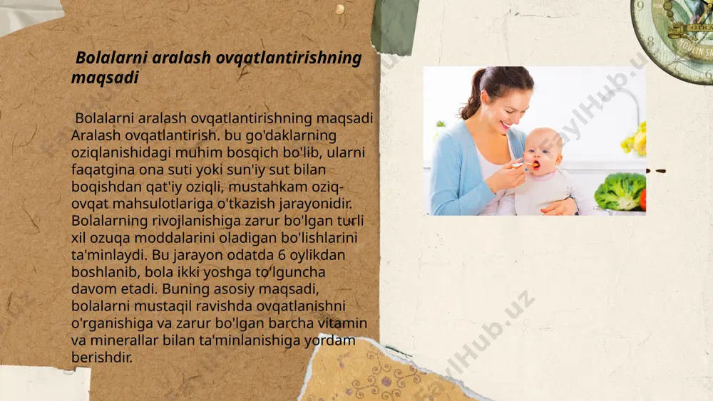 i_bot aralash ovqatlantirish va sog'lom odatlar aralash ovqatlantirish va sog'lom odatlar. aralash ovqatlantirish jarayoni nafaqat ovqat hazm qilish va ozuqa olish ko'nikmalarini, balki umumiy sog'lom odatlarni ham shakllantiradi. ovqatlanish vaqti bolalar uchun ijtimoiy faoliyat sifatida ham ko'riladi, shuning uchun ularni muntazam va tizimli ovqatlanishga o'rgatish kerak. buning uchun oilaviy ovqatlanishlarni tashkil etish, bolalarni turli xil sog'lom ovqatlarni tanlashda ishtirok etishiga imkon berish foydali bo'ladi. ... t.me/slaydai_bot aralash ovqatlantirishda ota-onaning roli ota-onalar bolalarni aralash ovqatlantirish jarayonida juda muhim rol o'ynaydilar. ularning vazifasi. bolaga turli xil sog'lom ovqatlarni tanishtirish, ovqatlanish qoidalari va odatlarini o'rgatishdir. shuningdek, bolalarning ovqatlanish jarayonida qatnashish, ularni rag'batlantirish va ularning ovqat hazm qilish faoliyatini kuzatib borish ota-onalarning asosiy majburiyatlari hisoblanadi. ota-onalar bolani ovqatlanish jarayoniga faol jalb qilgan holda, sog'lom oziqlanish asoslari haqida tushuncha berishlari zarur. bolalarni aralash ovqatlantirish toshpo'latova mahliyo e'tiboringiz uchun raxmat! image1.png image2.png image3.png image4.png image5.png image6.jpg image7.png image8.png image9.jpg image10.jpg image11.jpg /docprops/thumbnail.jpeg