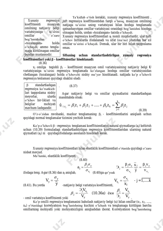o’g’ri bog’lanish deyiladi. analitik ifodalarining ko’rinishiga qarab bog’lanishlar to’g’ri chiziqli (yoki umuman chiziqli) va egri chiziqli (yoki chiziqsiz) bo’ladi. agar bog’lanishning tenglamasida omil belgilar (x1, x2, ......., xk) faqat birinchi daraja bilan ishtirok etib, ularning yuqori darajalari va aralash ko’paytmalari qatnashmasa, ya’ni    k i iiхaay   ko’rinishda bo’lsa, chiziqli bog’lanish yoki xususiy holda, omil bitta bo’lganda uqa0qa1x to’g’ri chiziqli bog’lanish deyiladi. ifodasi to’g’ri chiziqli (yoki chiziqli) tenglama bo’lmagan bog’lanish egri chiziqli (yoki chiziqsiz) bog’lanish deb ataladi. xususan, parabola uqa0qa1xqa2x 2 yoki s1,...,=n 11 0    k i n ii k i ii xbxaay giperbola    k i i i x a ay x a ay 1 0 1 0 л ko’rsatkichli uqa0x a yoki va boshqa ko’rinishlarda ifodalanadigan bog’lanishlar egri chiziqli (yoki chiziqsiz) bog’lanishga misol bo’la oladi. statistikada o’zaro bog’lanishlarni o’rganish uchun maxsus usullardan foydalaniladi. xususan, funktsional bog’lanishlarni tekshirish uchun balans va …