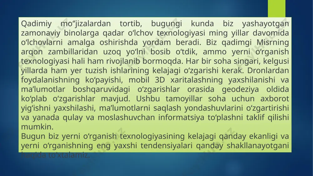 chun odatda samolyotlar va vertolyotlardan foydalanadilar. ushbu masofadan turib zondlash usuli 3d impuls modellarini yaratish yoki yerning fizik xususiyatlari to‘g‘risida ma’lumotlarni yorug‘lik impulslaridan va havo tizimidan yig‘ilgan boshqa ma’lumotlarni to‘playdi. lidarning bir necha xil turlari mavjud: quruqlik: lidarning bu turi yer yuzini topografik o‘lchovlar orqali xaritada aks ettiradi. 3d o‘lchamli bulutlarni skanerdan raqamli tasvirlar bilan tezda xaritada ko‘rish mumkin. batimetrik: batimetrik lidar daryo bo‘ylari va dengiz sathining balandliklarini suvga o‘tuvchi yashil nur yordamida va uning sensorga qaytishini o‘lchaydi. o‘lchovlar odatda havodan olinadi. havodan: lazer skaneri samolyotga ulanishi va landshaftning uchburchak bulutli modelini yaratish uchun ishlatilishi mumkin. bu raqamli balandlik modellari va raqamli sirt modellari yaratishda yordam beradigan batafsil va aniq. mazkur tizim organik va sun’iy tuzilmalarni o‘lchash uchun yangi aniqlik va moslashuvchanlikni ta’minlaydi. qishloq xo‘jaligi: lidarning topografik ma’lumotlari dehqonchilik taktikasini yaxshilash uchun quyosh nurlari, hasharotlar harakati va landshaftdagi xususiyatlarini aniqlashga yordam beradi. image6.jpeg image7.png image8.jpeg image2.png image3.png image4.png image5.png /docprops/thumbnail.jpeg