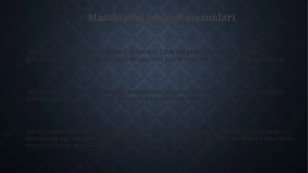 'ladi, geografik joylashuvni umumlashtirilgan holda ko'rsatadi. kichik masshtabli xaritalar kichik masshtabli xaritalarda, masalan 1:10 000 000 masshtabli xaritalarda, yerning ellipsoidal shakli deformatsiyalanib, soddalashtirilgan proyeksiyalar yordamida tasvirlanadi, bu esa katta hududlarni aks ettirishda aniqlikni pasaytirishi mumkin. kichik masshtabli xaritalar, odatda 1:500 000 dan kichik masshtablarni o'z ichiga oladi va geografik koordinatalar sistemasidan foydalanadi, shuningdek, topografik detallar kamroq batafsil ko'rsatiladi. kichik masshtabli xaritalarni yaratishda, masalan 1:25 000 000 masshtabda, geografik xususiyatlarning umumlashtirilgan tasviri qo'llaniladi va ularning nisbiy holati aniqlik bilan ifodalanadi, ammo kichik detallar yo'qoladi. yirik masshtabli xaritalar yirik masshtabli xaritalar, masalan, 1:5000 yoki 1:10000 masshtabli xaritalar, yer yuzasining kichik maydonlarini batafsil aks ettiradi va topografik detallarni, binolarni, yo'llarni aniq ko'rsatadi. 1:2000 dan yirik masshtabli xaritalar yer uchastkalarini rejalashtirish, qurilish ishlarini amalga oshirish va muhandislik inshootlarini loyihalashda muhim rol o'ynaydi. yirik masshtabli xaritalarni yaratishda geodezik ma'lumotlarning yuqori aniqligi va detalligi talab etiladi, bu esa gps va lidar kabi zamonaviy texnologiyalarni qo'llashni o'z …