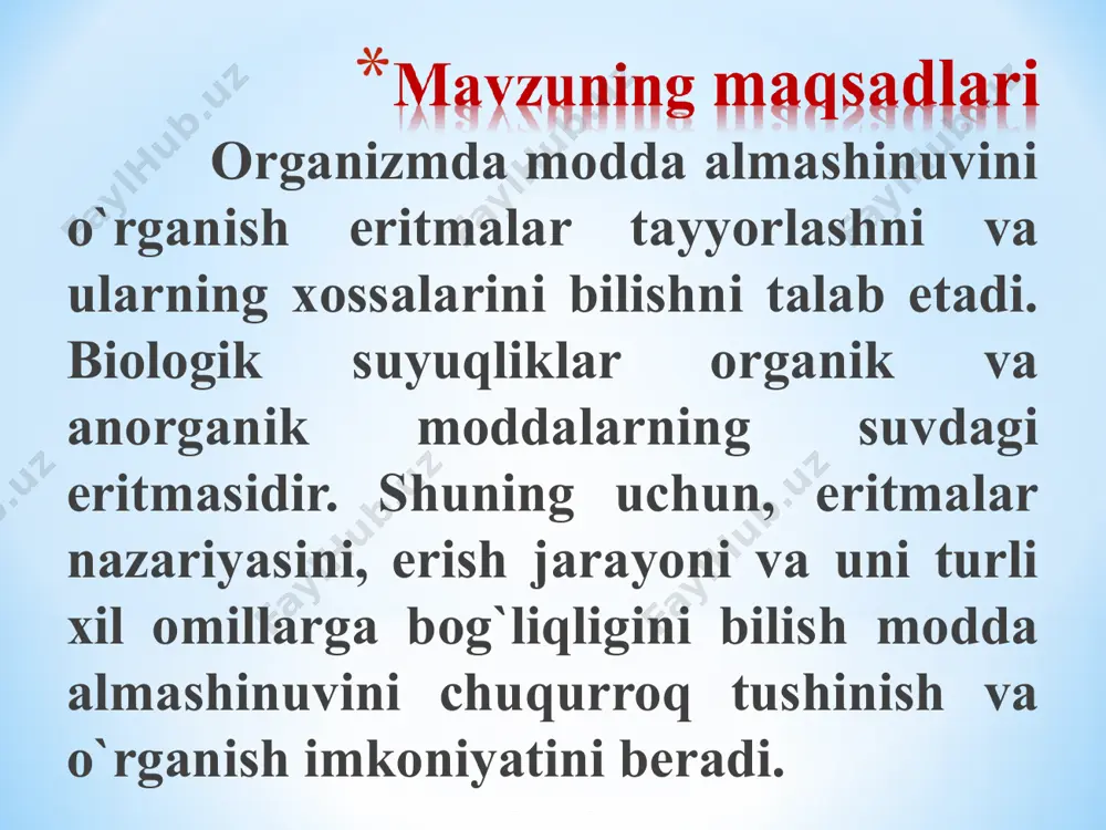 va krioskopiya usullari nimani aniqlaydi? amaliy ish № 1. 1. naclning fiziologik eritmasini tayorlash №№ tadbir bajarilmadi (0 ball) to`liq va to`g`ri bajarildi 1. toza va quruq o`lchov kolbasi olinadi 0 1 2. olingan o`lchov kolbasining hajmiga mos ravishda nacl tuzining massasini hisoblab chiqariladi 0 3 3. tarozi yordamida tuz tortib olinadi 0 3 4. kolbaga tuzni solib, ustiga distillangan suv, kolbani hajmini belgilivchi chiziqgacha, aniq qilib quyiladi va aralashtiriladi 0 3 jami: 0 10 №№ tadbir bajarilmadi (0 ball) to`liq va to`g`ri bajarildi 1. 3-ta toza va quruq probirka olinadi 0 1 2. probirkalarga nacl ning uch hil kohsentratsiyali eritmasidan quyiladi (izotonik, gipotonik va gipertonik) 0 3 3. probirkalarning har biriga 2 tomchidan qon quyiladi va o`zgarishlar kuzatiladi 0 3 4. 30 минутдан сўнг рlazmoliz, gemoliz va izoosmiya haqida hulosalar chiqariladi va ish daftariga rasmiylashtiriladi 0 3 jami: 0 10 masala № benzolning krioskopik konstantasi 5,12, toza benzolning muzlash …