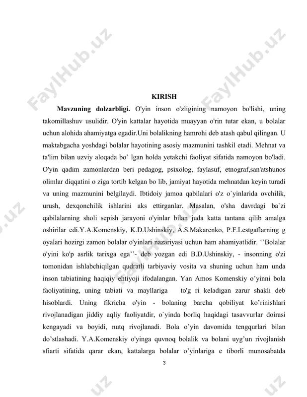 r. ‘’bolalar o'yini ko'p asrlik tarixga ega’’- deb yozgan edi b.d.ushinskiy, - insonning o'zi tomonidan ishlabchiqilgan qudratli tarbiyaviy vosita va shuning uchun ham unda inson tabiatining haqiqiy ehtiyoji ifodalangan. yan amos komenskiy o’yinni bola faoliyatining, uning tabiati va mayllariga to'g ri keladigan zarur shakli deb hisoblardi. uning fikricha o'yin - bolaning barcha qobiliyat ko’rinishlari rivojlanadigan jiddiy aqliy faoliyatdir, o`yinda borliq haqidagi tasavvurlar doirasi kengayadi va boyidi, nutq rivojlanadi. bola o’yin davomida tengqurlari bilan do’stlashadi. y.a.komenskiy o'yinga quvnoq bolalik va bolani uyg’un rivojlanish sfiarti sifatida qarar ekan, kattalarga bolalar o’yinlariga e tiborli munosabatda bo`lishni, ularga oqilona rahbarlik qilishni masalahat bergan edi. p.f.lestgail: bolalar o`z o'yinlarida tevarak-atrofdan olgan tasurotlarini aks ettiradilar, deydi. bunday faoliyat bolaning rivojlanishida katta ahamiyatga egadir. shunday qilib o 'yinning ijtimoiy voqea ekanligini, o`yinda tevarak-atrofdagi borliq aks ettirilishini ilg’ or olim va pedagoglar o'zlarining kuzatish va ilmiy tadqiqotlari orqali isbotlab berdilar. tarbiyachilar bolala o'yiniga rahbarlik qilishda quyidagilarga rioya qilishi …