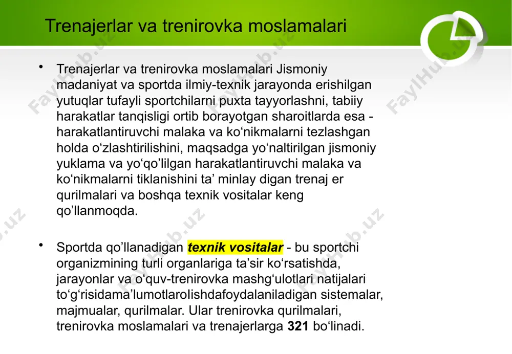 nazariyasi texnik vositalar sistemasi bazasida amalga oshiriladi va unga sportchining harakatlanish harakatlarini qurish bo‘yicha ustivor g‘oya asos qilib olinadi. bunga quyidagi bir nechta misolarni keltirish mumkin. yuqori mahoratli (kvalifikatsiyali)sprinterlarning sport natijaviyligini oshirish kerak va buning uchun harakatlanish malaka va ko‘nikmalari asosining ritmtezkorligini yugurish qadamining tempi va ritmini yugurish tezligini 5 - 6 % oshirib shakllantirgan holda o‘zgartirish lozim. echimning asosiy xususiyati shundan iboratki, yuguruvchining tayanch-harakatlantiruvchi apparati tomonidan bajariladigan tashqi ishni kamaytirish kerak. buning uchun «engillashtirilgan yetakchilik sistemasi» (ees) deb nomalangan trenajer yaratilgan. ma’lumki, uzunlikka sakrash v uchsakrashda sportchilarning mahorati maksimal tezlikda sakrash malakalari bilan aniqlanadi. shuning uchun, uzoqdan yugurib kelishlar bilan sakrashlar maksimal mushak kuchlarini namoyon bo‘lishiga va maksimal tezlikda sakrashning dinamik stereotipini 330 mustahkamlashga zamin yaratgan holda sakrovchining asab-mushak apparatiga ancha samarali ta’sir ko‘rsatadi. tajriba (eksperimental) trenirovka ishida to‘liq yugurib kelish bilan sakrash yugurib kelib sakrashlarning urnumiy hajmining 70 % gacha qismini tashkil etdi. sportchilar ta’kidlab o‘tishgan. s tayanch …