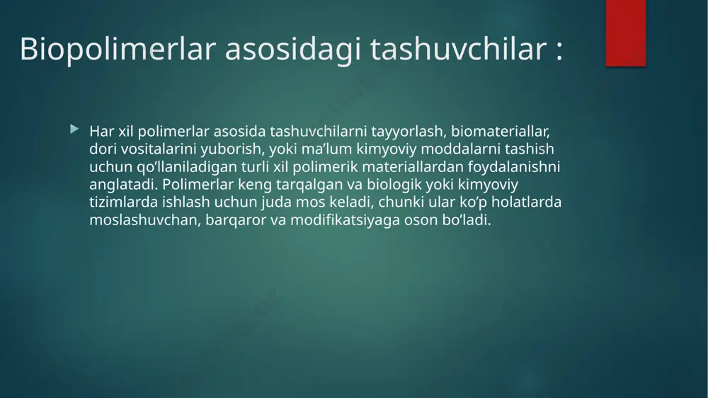 i tufayli keng qo'llaniladi. polimernanokapsulalar va nanokompozitlar nanotexnologiya yordamida polimerlar asosida tashuvchilarni yanada takomillashtirish mumkin. polimernanokapsulalar dorilarni yoki faol moddalari tizimlarda aniq va samarali tashish imkonini beradi. bu tizimlar dori chiqarilishini nazorat qilishni, vaqtinchalik va maqsadli chiqarishni ta'minlaydi. polimernanopartikullar: bular yuqori samarali dori yuborish tizimlarini yaratish uchun qo'llaniladi. polimerlardan tayyorlangan nanopartikullar dorilarni hujayralar ichiga olib kirishi yoki maqsadli joyga etkazishi mumkin. polimerni modifikatsiya qilish polimerlarni o'zgartirish va ularni o'ziga xos xususiyatlarga ega qilish, tashuvchilarni tayyorlashda qo'llaniladi. polimerlarga o'zgartirishlar kiritish, masalan, ularning molekulyar og'irligini, kristallanish darajasini yoki ionli xususiyatlarini o'zgartirish, tashuvchilarning samaradorligini oshirishi mumkin. polimerlarni qayta ishlash va formalashtirish : polimerlar asosida tashuvchilarni tayyorlash jarayonida ularni turli shakllarga keltirish kerak bo'ladi, masalan, granullash, to'qima yaratish, mikro va nano to'ldirish, yoki plitalar va zarrachalar ishlab chiqarish. bu jarayonlar dori vositalarini qo'llash va saqlashni yanada samarali qiladi. polimerlarni qayta ishlash va formatlashtirish — bu polimer materiallarini qayta ishlash va ularni foydali, yangi mahsulotlarga …