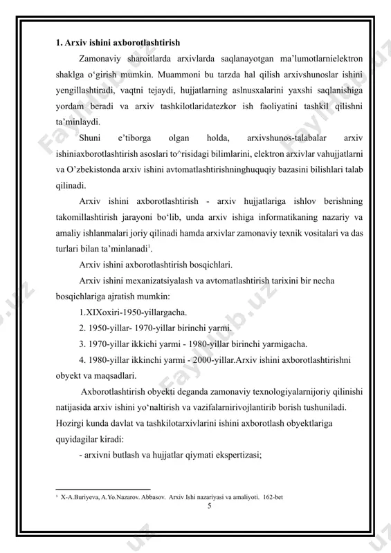 otnoteref:2]. [2: isakova m., xaydarov m. boshqaruvni axborot (hujjatlar) bilan taʼminlash. / o‘quv qo‘llanma. – t.,2012 .] axborot hajmi tarkibi ish yuritishni maxsus elektron tizimi(xizmat xati, xat va fuqarolar murojaati, bajarishni nazorat vahokazolar), hujjatlar masalan, ma’muriy hujjatlar, xizmat xati, me’yoriy-huquqiy va boshqa hujjatlar, hujjatlarni yakka va guruhiytayyorlash tizimi, korporativ xizmatlar (elektron jo‘natma,ma’lumotnoma, bank va ma’lumot bazalariga operativ kirish). tizimlar o‘rtasida ma’lumotlar almashish. tizimning vazifalari: hujjatlar harakatini hisobga olish va nazoratqilish, ro‘yxatga olishni yagona prinsiplarini tadbiq qilish, ishyuritishni yagona texnologiyasini olib borish, hujjatlarni jildga kiritishva ro‘yxatlarini tayyorlash, elektron hujjatlarni etalon banklariniyaratish, tizimni barcha tashkilotlariga hujjatlarni jo‘natish. elektron hujjat almashishning ushbu tizimini o‘ziga xos tomoni— unda butun tizim osti yagona axborot tizimi, yagona dasturiyta’minotda yuqori darajadagi standartlash va ma’lumotlar unifikatsiyalash[footnoteref:3] bilan amalga oshiriladi. arxiv ishini axborotlash konsepsiyasiga ko‘ra davlat arxivlarida arxivlarni tarmoqlar bo‘yicha yagona shakldagi (unifikatsiyalangan) dasturiy ta’minotni birlashgan axborot tizimlarini yaratish maqsadga muvofiq. bu tizim ko‘p bosqichli va ko‘p funksiyali bo‘lib, …