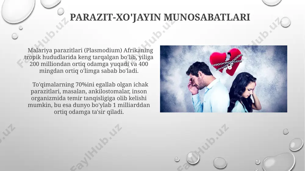ng turlari ichki va tashqi parazitlar mavjud bo‘lib, masalan, bitlar 2 million dan ortiq turdagi hayvonlarda tashqi parazit sifatida uchraydi, shu bilan birga ichak parazitlari insonlarda keng tarqalgan. o‘simlik parazitlari, masalan, 100 dan ortiq turdagi zamburug‘lar, dunyoning turli mintaqalarida, jumladan, markaziy osiyo va janubiy amerikada, ekinlarga katta zarar yetkazishi mumkin. parazitizm tushunchasi malariya parazitining (plasmodium) 4 turi mavjud boʻlib, ularning har biri turli xil alomatlarga va ogʻirlik darajasiga ega, bu esa dunyo boʻyicha yiliga 200 milliondan ortiq odamga taʼsir qiladi. parazitizmning 3 asosiy turi – ektoparazitizm (tashqi), endoparazitizm (ichki) va mezoparazitizm (oʻzaro bogʻliqlik) boʻlib, ularning tarqalishi geografik hududdan, masalan, andijon viloyatidan samarqandgacha farq qiladi. parazitizm va inson salomatligi dunyo bo'yicha, taxminan 2 milliard odam gemintozlarga chalingan, bu esa bolalarda oziq-ovqat yetishmovchiligi va rivojlanishning sustlashishiga olib keladi, masalan, o'rta osiyo mintaqasida bu ko'rsatkich yuqoriroq. o'zbekistonda parazit kasalliklari, masalan, giardiaz yoki askaridoz, yiliga 100 000 dan ortiq odamni kasallantiradi, bu esa mamlakat …