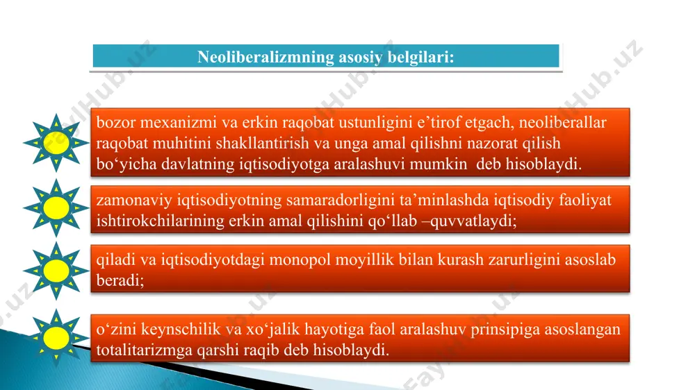 rish-da, xo‘jalik yuritishning bozor mexanizmining shakllanishida davlatning iqtisodiyotga faol aralashuvi muhim ahamiyat kasb etdi. islohotlarning muvaffaqiyatli chiqishiga “marshall plani” bo‘yicha berilgan yordam ham katta ta’sir ko‘rsatdi. l.erxard va uning safdoshlari tomonidan olib borilgan islohotlar germaniya iqtisodiy taraqqiyoti uchun zamin yaratib berdi hamda u iqti-sodiy qo‘llanmalarga kiritildi va unga qarorlarni realizatsiya qilish, qayta tashkil etish vositalaridan, metodlaridan samarali foydalanish uchun qulay mexanizmlarni ishlab chiqish namunasi sifatida qaraldi. ijtimoiy bozor xo‘jaligiga xos bo‘lgan asosiy tomonlardan, germaniya tajribasidan kelib chiqqan holda, quyidagilarni ta’kidlash zarur: xo‘jalik tizimi asosida erkin bozor iqtisodiyoti va raqobatli bozor yotadi, lekin ular avtomatik tarzda amal qilmaydi: unga jamiyatning iqtisodiy jarayonini bevosita tartiblashni istisno etuvchi, iqtisodiyotning samarali amal qilishi uchun shart–sharoitlarni yaratib berishga qaratilgan davlat faoliyati ta’sir ko‘rsatishi kerak. ijtimoiy yo‘naltirilgan bozor xo‘jaligining eng asosiy vazifalaridan quyidagilarni ajratib ko‘rsatish mumkin: iqtisodiyotni monopollashtirishga moyillikka qarshi kurashish; kichik va o‘rta biznesga yordam berish; kam ta’minlangan oilalar foydasiga daromadlarni qisman qayta taqsimlash va …