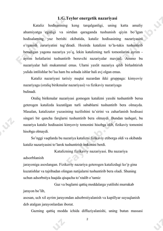 dsorbstiyalanish deyiladi. gazning qattiq modda yuzasida zichlanishi va umuman, bir moddani ikkinchi modda yuzasida ushlanib qolishi adsorbstiyalanish deyiladi. ko’pincha adsorbstiyalanish va absorbstiyalanish jarayonlari bir vaqtda boradi. bunday jarayon sorblanish deyiladi. yutuvchi modda adsorbent (sorbent), yutilayotgan modda esa adsorbtiv(sorbtiv) deb ataladi. adsorblanish ikki xil bo’ladi-fizikaviy va kimyoviy adsorblanishda - adsorbtiv adsorbent yuzasiga turli kuchlar vositasi bilan tortilishi mumkin. bu ularning tabiatiga bog’lik. fizikaviy adsorblanishda adsorbtiv adsorbent yuzasiga kuchsiz bog’langan bo’lib, bir -biriga van-der-vals kuchi bilan tortilib turadi. jumladan, agar adsorbtiv molekulalari qutublangan bo’lsa, u yuzaga orientastion kuch bilan tortiladi. adsorbtiv molekulalari qutblanmagan bo’lsa, ular adsorbent yuzasidagi mavjud zaryadlar yoki dipol molekulalari ta’sirida indukstion dipolga ega bo’lishi mumkin. kimyoviy adsorbцiya. kimyoviy adsorblanishda valent kuchlari ta’sirida adsobrtiv molekulalari adsorbent yuzasiga kimyoviy bog’langan bo’ladi. bu xil adsorbstiyalanish kimyoviy adsorbstiyalanish deyiladi. adsobrtiv adsorbent yuzasidagi molekula, yoki ionlar bilan kimyoviy reakstiyaga kirishib yoki bo’linmagan elektron juft hisobiga (lyuis tipidagi birkma holida sirt birikma hosil qiladi . …