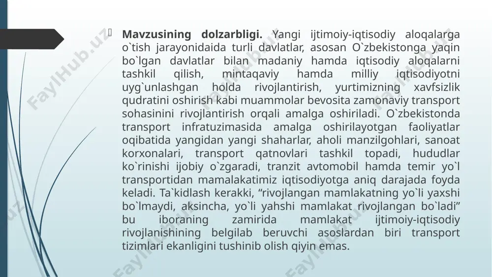 noni anglatadi. u aholi va xalq xo`jaligiga o`zaro bog`lab, yuklarga bo`lgan extiyojlarini o`z vaqtida muttasil ta`minlab turadi. 1.1. transport xizmati ko`rsatishni rivojlantirishning zarurligi transport bozor munosabatlari sharoitida makroiqtisodiyot tarmoqlari va mintaqalar orasidagi ichki va tashqi aloqalarni rivojlantirishda muhim omil bo`lib xizmat qiladi. o`zbekiston respublikasi statistika qo`mitasi ma`lumotlariga ko`ra, transport va aloqa mamlakat yalpi milliy mahsulotining 11,4 foizini beradi (2006 yil ) investitsiya hajmini 20,7 foizi uning hissasiga to`g`ri keladi. 1999 yilda bu ko`rsatkich 60 mlrd. so`mni tashkil qilgan bo`lsa, 2006 yil u 792,7 mlrd. so`mga yetdi. transportdan tushgan foyda esa 17,2% tashkil qilgan. mehnatga yaroqli aholini 4,8 % ya`ni 506,9 ming kishi (15 % ayollar) transport tashkilotlarida xizmat qiladi. 1.2. transport xizmati ko`rsatishning xos xususiyatlari fan va texnika taraqqiyotining insonlarni olamning ixtiyoriy joyiga tezda olib borishga qodir transport vositalari (tezyurar poyezdlar, suvosti va muzyorar transportlar,ovozdan ham tez yelar samalyotlar, avtomobillar va boshqalar) takomillashishiga, shuningdek xizmat ko`rsatish sohasidagi transport vositalariga zamonaviy …