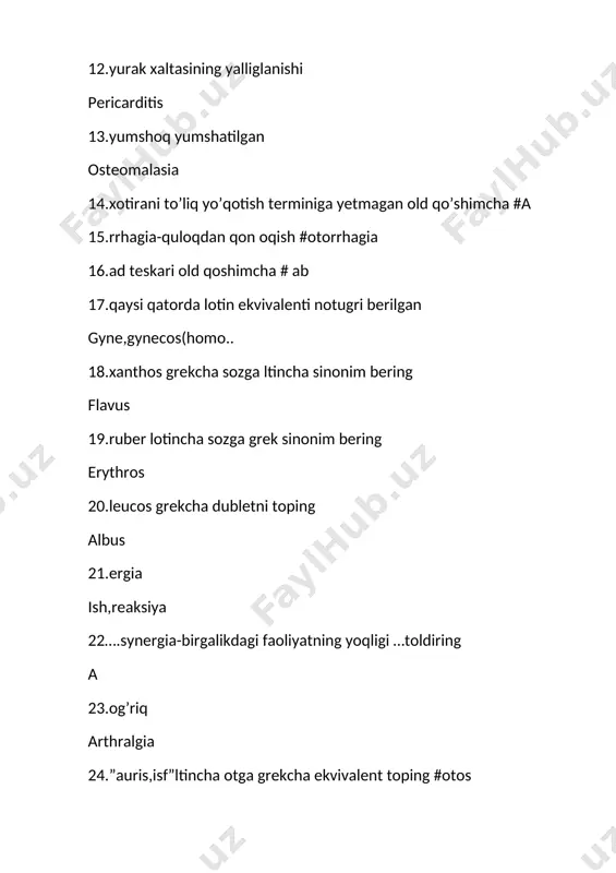 ega bo’lgan kislorodsiz tuzni toping #ephedrini hydrochloridum 39.limon kislota tarjimasi #acidum citricum 40.qaysi so’zda z harfi tushirib qoldirilgan # naphthy..inum 41.syn..strolum dorisida tushirib qoldirilgan diftong #ae 42.ph birikmasi qaysi so’zda yoziladi #eu..yliinum 43.th birikmasasi # anaes..esinum 44.ildiz so’zini retsepda kerakli shaklda ifodalang radicis 45.dorining qanday nomida qo’shimcha ifodalangan? synthomycinum 46.tarkibida kislorod bo’lmagan kislotani ko’rsating acidum hydroiodicum 47.yurak dorilari ichida grek o’zak so’zini toping aminocardolum 48.”y” harfi qaysi so’zda yoziladi cerebrol…sinum 49.”ch” qaysi so’zda yoziladi allo…olum 50.qaysi kislota nomida xatoga yo’l qo’yilgan acidum hydrobromidum 51.qaysi tuz nomida xatoga yo’l qo’yilgan natrii sulfas 52.og’riq yo’qligini aniqlang tempalginum 53.mikrobga qarshi sulfanilamidlarni belgilang norsulfazolum 54.qaysi birikma nomida xatoga yo’l qo’yilgan kalii permanganas 55.kam kislorod tutuvchi kislota nomi sulfis 56.qaysi gapda fel oxirida xatoga yo’l qo’yilgan misce fiant pulvis 57.retseptlarda uchraydigan jumlalarni toping noli noecre 58.qaysi gapda moslashuvda xatoga yo’l qo’yilgan pulveris radix rhei 59.qaysi farmasevtik atamada xatoga yo’l qo’yilgan infusum florum rosae 60.kislorodsiz kislotalar …