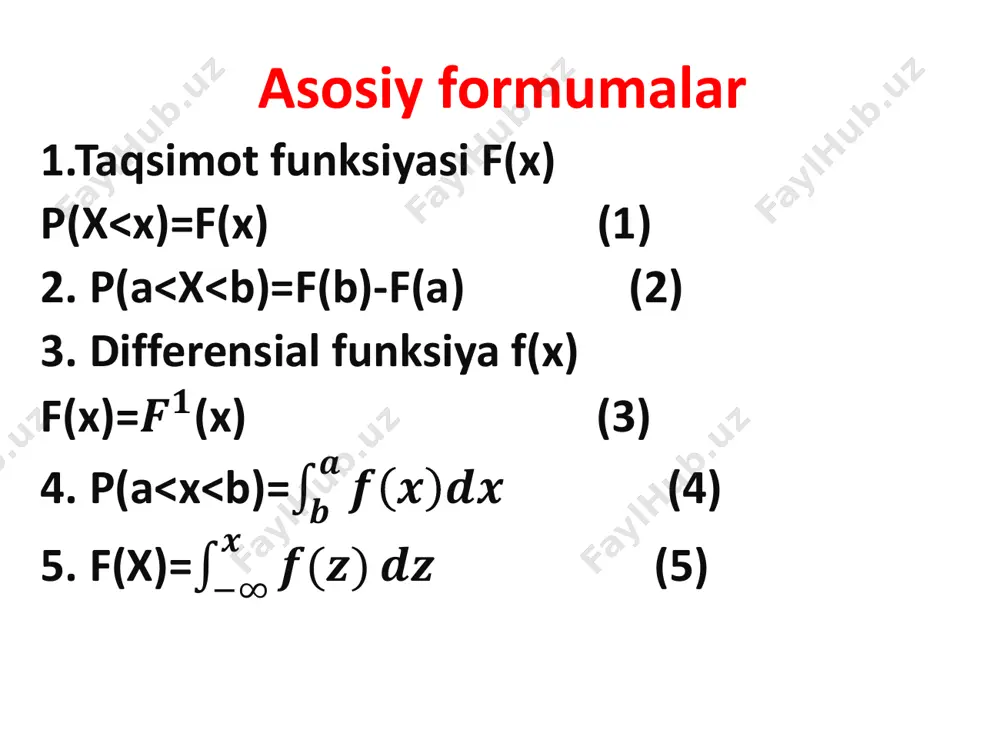 ng differensial funksiyasi uchun butun ox o’qida f(x) 𝟐𝒄 𝟏+𝒙𝟐 tenglik bilan berilgan o’zgarmas parametrini toping. 234. . x uzluksiz tasodifiy miqdor quyidagicha qonun bo’yicha taqsimlangan: ቊ 𝟎, 𝒙 ≤ 𝟎, 𝒃 𝟐𝒆−𝟐𝒙, 𝒙 ≥, 𝒃𝒐′𝒍𝒔𝒂 sinov natijasida x tasodifiy miqdorning (0,3; 1) oraliqqa tushish ehtimolini toping. 235. x tasodifiy miqdor ehtimollar taqsimotining a 0, 2 parametrli normal qonuniga bo'ysunsin. x tasodifiy miqdorning (-2; 3) oraliqqa tushish ehtimolini aniqlang. 236. x tasodifiy miqdorning 𝐟 𝒙 = ൞ 𝟎, 𝒂𝒈𝒂𝒓 𝒙 ≤ 𝟎, 𝒃𝒐′𝒍𝒔𝒂 , 𝑨𝒔𝒊𝒏𝒙, 𝒂𝒈𝒂𝒓, 𝟎 𝝅 𝒃𝒐′𝒍𝒔𝒂, , zichlik funksiyasi berilgan. a) a ni aniqlang, b) taqsimot funksiyasi f(x) ni toping c) f(x) va f(x) funksiyalarning grafigini chizing 237. x uzluksiz tasodifiy miqdor parametrlari a = 20 sigma = 5 boʻlgan normal taqsimot qonuniga bo'ysunsin. sinov natijasida x tasodifiy miqdorming (15:25) oraliqda joylashgan qiymat qabul qilish ehtimolini toping. 238. x tasodifiy miqdor [0;2] kesmada tekis taqsimot qonuniga ega. …
