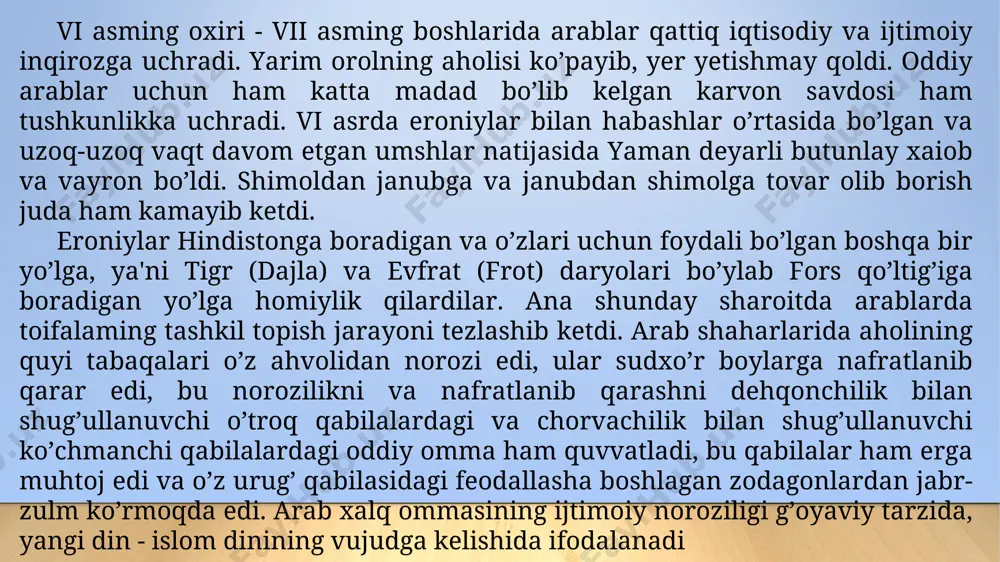 t ichida xalifalik o’z yerlarini nihoyat darajada kengaytirdi. viii asming boshlarida shimoliy afrikaning butun qirg’og’i bosib olindi. 711-714 yillarda arablar pireneya yarim orolini istilo qildilar. muoviyaning o’zi konstantinopolga ikki marta, 669 va 680 yillarda yurish qildi. 717-718 yillarda arablar uchinchi marta konstantinopol ostonasiga kelib, uni butun bir yil qamal qilib turdi. sharqda esa arab lashkarboshilari o’rta osiyoning ichkarisigacha kirib borib, xiva, buxoroni ishg’ol qildi, afg’onistonni va hindistonning shimoli-g’arbiy qismini to hind daryosiga qadar bo’lgan yerlami istilo qildi. armaniston bilan gruziya ham ummaviylar xalifaligi tarkibiga kirar edi. xalifalikning chegaralari g’arbda atlantika okeanigacha, sharqda xitoy bilan hindiston chegaralarigacha borib yetdi. umaviylar zamonida ma'muriy islohotlar o’tkazildi. shu narsa harakterliki, endi faqat “kofirlar” emas, balki musulmonlar ham soliq to’laydigan bo’ldi. uch xil soliq asosiy soliq hisoblanar edi; 1) xirоj - yer solig’i, 2) j u z ' ya - jon boshi solig’i (bu soliq avvaliga faqat g’ayri musulmonlardan olinar edi, keyinchalik borib musulmonlardan ham …