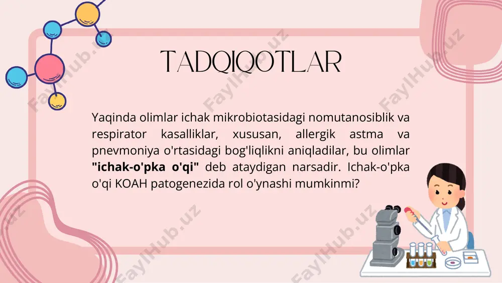 ga qarshi immun javobni tartibga soladi. so’ok bilan og’rigan bemorlarda ichak mikrobiotasining disbiozi kuzatiladi, bu esa immun tizimining noto’g’ri ishlashiga olib keladi. immun tizimi ichakdagi zararli bakteriyalarga qarshi kurashish o’rniga o’pkada ortiqcha yallig’lanishni qo’zg’ashi mumkin. 2-mexanizm 2. yallig’lanish mediatorlari va o’pka-ichak o’qi ichakdagi zararli mikroorganizmlar tomonidan ishlab chiqariladigan lipopolisaxaridlar (lps) va boshqa toksinlar ichak devorining o’tkazuvchanligini oshiradi. bu toksinlar qonga o’tib, butun organizm bo’ylab tarqaladi, shu jumladan o’pkaga ham yetib boradi va mahalliy yallig’lanishni kuchaytiradi. 3-mexanizm 3. ichak mikrobiotasi va antioksidantlar yetishmovchiligi so’ok bilan og’rigan bemorlarning aksariyatida ichak mikroflorasi tarkibi buzilgan bo’lib, bu antioksidantlarning so’rilishini pasaytiradi. antioksidantlar (masalan, vitamin c, e va polifenollar) yetishmovchiligi o’pka to’qimalarida oksidlovchi stressning oshishiga, natijada o’pka shikastlanishining tezlashishiga sabab bo’ladi. 4-mexanizm 4. qisqa zanjirli yog‘ kislotalari (qzyk)ning ta’siri ichak mikrobiotasidagi foydali bakteriyalar (bifidobacterium, lactobacillus) qzyk (masalan, asetat, propionat, butirat) ishlab chiqaradi. qzyk immunitetni boshqaradi, yallig’lanishga qarshi ta’sir ko’rsatadi va o’pkadagi yallig’lanishni kamaytiradi. so’ok bilan og’rigan …