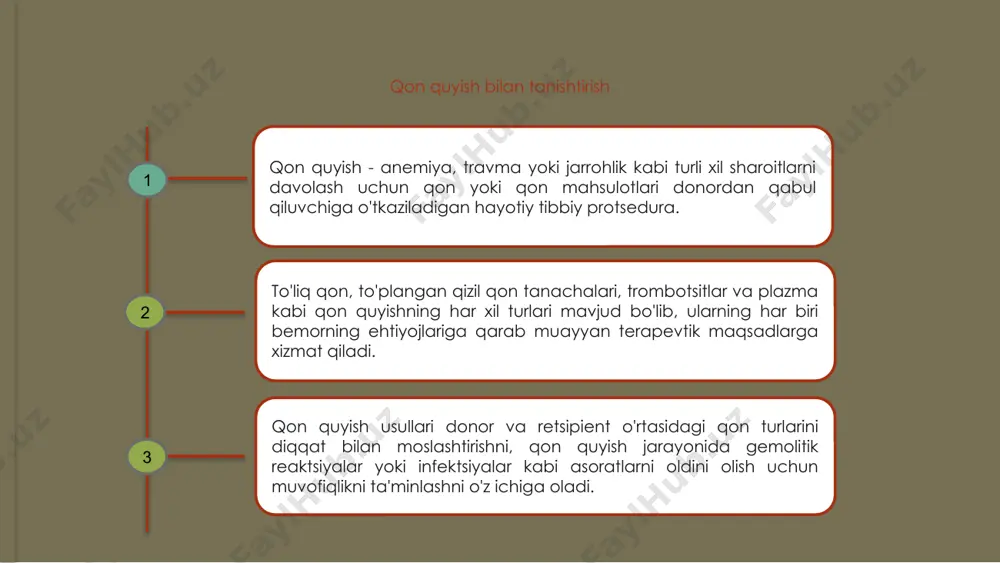 'liq axloqiy fikrlarni ham ko'rib chiqish muhimdir. sog'liqni saqlash xodimlari qon quyishni davom ettirishdan oldin bemordan xabardor roziligini olishlariga ishonch hosil qilishlari kerak. bundan tashqari, qon preparatlari bo'yicha qaror qabul qilishda qon quyayotgan shaxsning e'tiqodlari va qadriyatlarini hisobga olgan holda avtonomiyani hurmat qilish juda muhimdir. bundan tashqari, sog'liqni saqlash xodimlari qon quyish jarayonida bemorning xavfsizligi va farovonligini birinchi o'ringa qo'yishlari kerak. umuman olganda, axloqiy me'yorlar qon quyish amaliyotida muhim rol o'ynaydi, bu sog'liqni saqlash xodimlarining bemorga yo'naltirilgan yordamni, xabardor roziligini va hayotni saqlab qoluvchi davolanishni olgan shaxslarning avtonomiyasini hurmat qilishni birinchi o'ringa qo'yishini ta'minlaydi. e'tiboringiz uchun rahmat image1.jpeg image2.jpeg image3.jpeg image4.jpeg image5.jpeg