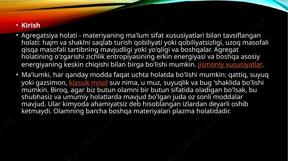 tajriba o‘tkazayotgan paytda ushbu fizik fenomenni sezib qolgan. aslida, plazma - moddaning agregat holatlari ichida koinotda eng keng tarqalgan ko‘rinishidir. xususan, deyarli barcha charaqlab turgan yulduzlar asosan plazmadan tashkil topgan bo‘ladi. yer sharoitidagi plazma manbalariga oddiy misollar tariqasida, fluoressent lampalar, plazmali televizorlar, neon reklamalari va chaqmoqlarni keltirish mumkin. yer atmosferasining yuqori qatlamlaridan biri - ionosfera ham quyosh nurlanishlari tufayli yuzaga kelgan plazmadan iborat. olis masofalarga radioaloqa signallari uzatish sohasida aynan ionosfera juda katta ahamiyat kasb etadi. plazma zaryadlangan zarralar (ham ionlar, ham elektronlar) va neytral (atomlar va molekulalar) gazidir, balki fotonlar hamdir. keyinchalik o'ziga xos bo'lib, u to'liq yoki qisman ionlashtiriladigan gaz sifatida xarakterlanishi mumkin, ya'ni butunlay elektr bilan neytral, ya'ni ijobiy va salbiy to'lovlar soni bir xil. odatda 4-modda modda sifatida qaraladi, chunki u gazga energiya etkazib berganda paydo bo'ladi, ammo qattiqdan suyuqlikka va suyuqlikdan gazga o'tish kabi keskin o'zgarishlarsiz o'tish mumkin. plazma uchun muqobil nom, zarrachalarning dezeksifikasiyasi tufayli …