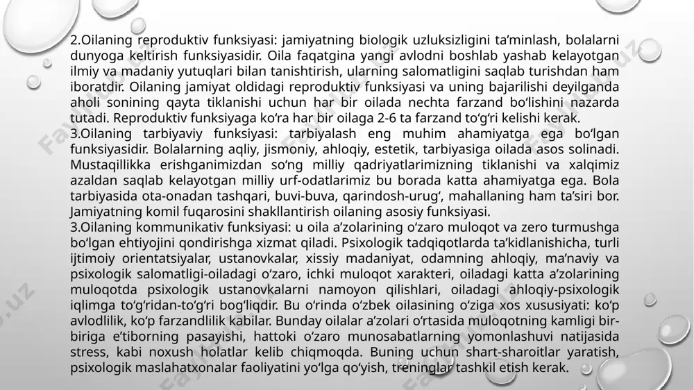 va ularning farzandlari yashaydi. nuklear oila — o‘sha oilaning eng oddiy va asosiy shakli hisoblanadi. bu oila modeliga ota-ona va ularning biologik yoki qabul qilingan bolalari kiradi. nuklear oila ko‘plab zamonaviy jamiyatlarda eng keng tarqalgan oila turi bo‘lib, undan tashqari keng oila (ota-ona, bolalar, amakilar, xolalar, buvalar va boshqalar) yoki kengaytirilgan oilalar ham mavjud. 3)bolalar soniga ko‘ra: farzandsiz, bir bolali ikki bolali, 3-4 bolali 5 va undan ortiq bolali oilalar. 4) er-xotinning ijtimoiy kelib chiqishiga ko‘ra: ishchilar, dehqonlar, xizmatchilar, ziyolilar oilasi, aralash tipidagi oila. 5)er-xotinning ma’lumot saviyasiga ko‘ra: oliy ma’lumotlar, o‘rta-maxsus, o‘rta, tugatilmagan o‘rta, maxsus yordamchi maktab ma’lumotiga va turli saviyadagi ma’lumotga ega bo‘lgan kayliklardan tashkil topgan oila. 6)oilaning “yoshiga” ko‘ra: yosh oila, (1 yilgacha, 3-5 yillik, o‘rta yoshdagi oila, yetuk yoshdagi oila, (kariyalar oilasi)). 7)qayliqlarning ota-ona oilasining moddiy ta’minlanganlik darajasi jihatidan: qudalarning bir-biriga mos ekanligi yoki ular orasida katta tafovut majudligi bo‘yicha bir-biriga mos va mos bo‘lmagan oilalar. 8)ratsional …