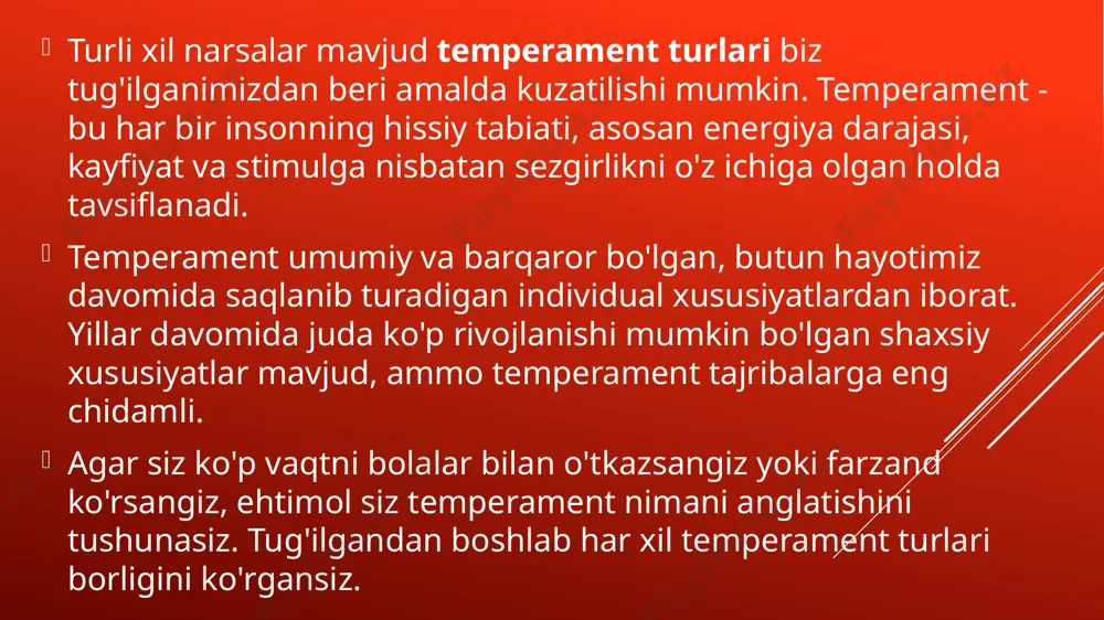 larining tashqi ifodasi kuchsiz bo’ladi. bu hil temperamentli odam­larni xursand qilish, xafa qilish yoki g’azablantirish ancha qiyin. e’tiboringiz uchun rahmat! image1.png image2.jpeg image3.png image4.png image5.png image6.jpeg /docprops/thumbnail.jpeg
