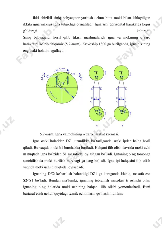 ip turli holatlarni egallaydi. krivoship harakatida hosil bo`lgan g burchak igna og`ishiga bog`liq bo`ladi. krivoship va moki aylanish harakatlari turli bo`lgan holatda, ya`ni av1 dan av2 holatga o`tganda, bosh val j-360-g burchakka buriladi. bu vaqtda moki 2j-720-2g burchakka buriladi. shunday qilib, ignaning o`ng tomonga sanchilishda mokining halqani ilib olish burchagi b1, chap sanchilishda esa b2+2g+b1+h ga teng bo`ladi. 2. 1026 (rossiya) rusumli tikuv mashinasi rossiyadagi podolsk mexanika zavodi ishlab chiqaradigan 1026 rusumli tikuv mashinasi yupqa va o`rtacha qalinlikdagi materiallarga ishlov berishda siniq moki bahyaqator yuritib, kavish, bo`qib tikish ishlarini bajarishga mo`ljallangan. mashina asosiy valining aylanish chastotasi 4500 ayl/min. bahyasining yirikligi 0,5 dan 3 mm gacha, bahyaqator kengligini 6 mm gacha o`zgartirish mumkin. materialning tepki tagida qisilgan holatdagi maksimal qalinligi 4 mm. mashinada krivoship-shatunli igna mexanizmi bo`lib, ignasi mashina platformasining uzunasiga oga oladi. mokisi aylanadigan markazlashgan naychali (97-a rusumli tikuv mashinasidagidek) bo`lib, chetlatgichi ham bor. ip tortgich sharnir-sterjenli, reyka tipidagi materiallarni …