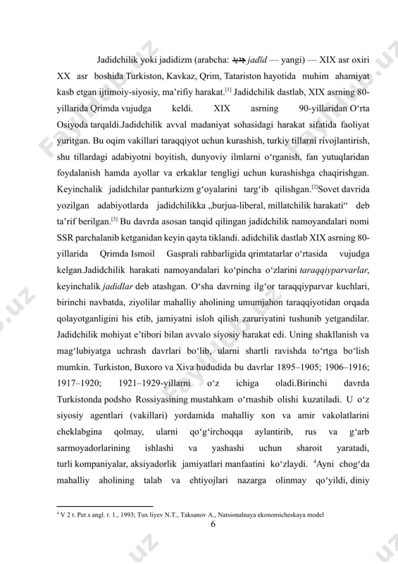 h va magʻlubiyatga uchrash davrlari boʻlib, ularni shartli ravishda toʻrtga boʻlish mumkin. turkiston, buxoro va xiva hududida bu davrlar 1895–1905; 1906–1916; 1917–1920; 1921–1929-yillarni oʻz ichiga oladi.birinchi davrda turkistonda podsho rossiyasining mustahkam oʻrnashib olishi kuzatiladi. u oʻz siyosiy agentlari (vakillari) yordamida mahalliy xon va amir vakolatlarini cheklabgina qolmay, ularni qoʻgʻirchoqqa aylantirib, rus va gʻarb sarmoyadorlarining ishlashi va yashashi uchun sharoit yaratadi, turli kompaniyalar, aksiyadorlik jamiyatlari manfaatini koʻzlaydi. [footnoteref:4]ayni chogʻda mahalliy aholining talab va ehtiyojlari nazarga olinmay qoʻyildi, diniy eʼtiqodlari, urf-odatlari bilan hisoblashmaslik, ularni mensimaslik kuchaydi. hayotiy, ilmiy saviyasi yuqori boʻlgan qozilar tajribasiz kishilar bilan almashtirildi, poraxoʻrlik, ijtimoiy-siyosiy adolatsizlik avj oldi. madrasa va maktablar faoliyatini cheklash, mahalliy joy nomlarini ruscha atamalar bilan almashtirish, hatto mahkama jarayonida qozilar boʻyniga xoch taqtirishgacha borildi. oʻsha davr ahvolini muhammadali xalfa sobir oʻgʻli (dukchi eshon) xalqqa qarata oʻz „xitobnoma“si(1898)da yaxshi bayon qilgan. [4: v 2 t. per.s angl. t. 1., 1993; tux liyev n.t., taksanov a., natsionalnaya …