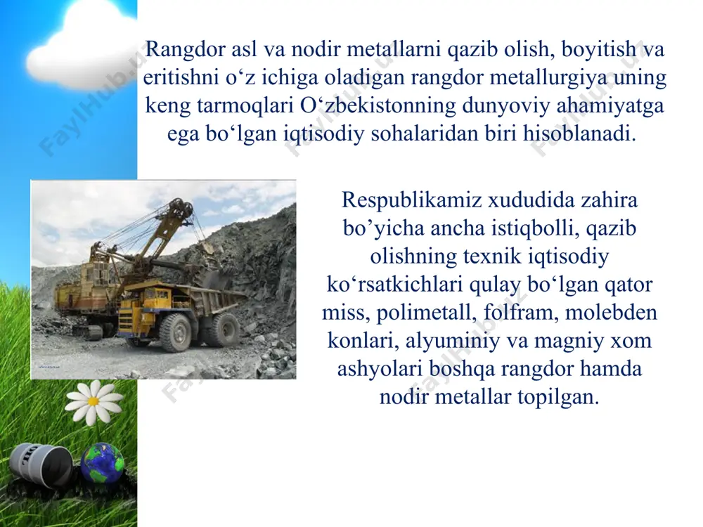 kombinatida eritiladi. kombinat hamdo‘stlikdagi eng yirik kombinatlardan biri bo‘lib, xilma-xil mahsulotlar (volfram va molibden simlari qattiq qotishmalar propan, tog‘ jinslarini parmalaydigan asosblar) ishlab chiqariladi. o‘rta osiyoda xususan o‘zbekiston hududidan oltin qazib olish undan turli taqinchoqlar, zargarlik buyumlari bezaklar yasash mil.av. vi-v asrlardayoq bo‘lganligi arxeologik topilmalardan ma’lum. sochma va tugma oltin konlari mavjud bo‘lib, sochma oltin x-xi asrlarda chotqol, chirchiq, norin, koson, suh, zarafshon, darvoz daryolari vodiylarida olib borilganligi to‘g‘risida ma’lumotlar bor. o‘zbekiston rangdor metallurgiyasining eng ahamiyatli tarmoqlaridan biri oltin sanoatidir. bu tarmoq ancha boy va nodir xususiyatlarga ega bo‘lgan yirik oltin konlariga ega. qora metallurgiya barcha iqtisodiy nohiyalar va butun respublika xo‘jaligini har tomonlama majmui rivojlantirish uchun zarur moddiy negizdir. qorametallurgiya mahsuloti xalq xo‘jaligining barcha tarmoqlarida texnika taraqqiyotini belgilab beruvchi mashinasozlik sanoati uchun xom ashyo, uning asosiy poydevori hisoblanadi. adabiyotlar ro`yxati: g.r.asanov., m.nabixonov., i.safarov. “o`zbekistonning iqtisodiy va ijtimoiy geografiyasi”. t., “o`qituvchi” 1994. z.m.akramov., a.a.rafiqov. “прошлое, настоящее и будущее аральского моря”. …