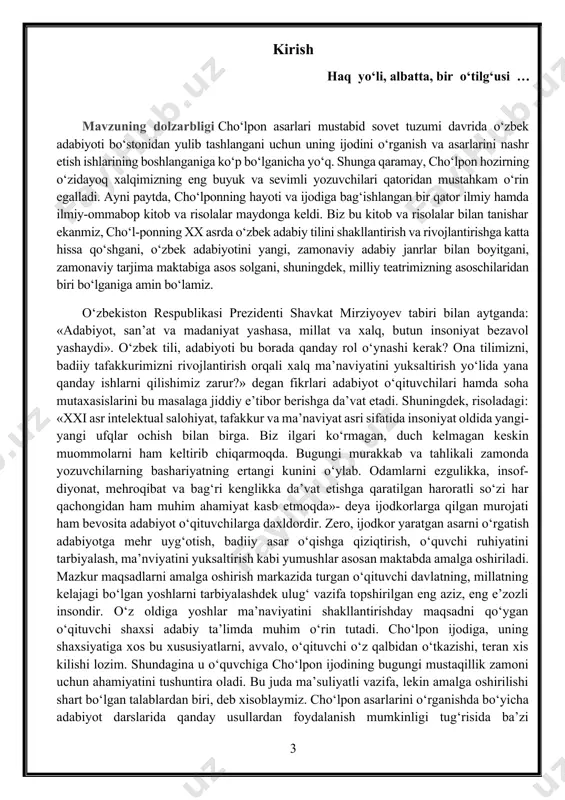 usullarda ham maktabda o‘rganish mumkin. lekin biz o‘zimizning nuqtai nazarimizni bayon etmoqchimiz. balki biz tavsiya qilayotgan usul ham o‘qituvchilar uchun ma’lum darajada foydali b o‘lishi mumkin. biz shularni hisobga olib, cho‘lpon ijodini maktablarda yangicha usullarda o‘tish haqida so‘z tavsiyalar berishni oldimizga maqsad qilib qo‘ydik. kurs ishining maqsadi. ulug‘ shoirning fazilatlarini yoshlarga birinchi navbatda maktab o‘quvchilariga, kolaversa oliy ta’lim talabalariga yetkazilishi zarur bo‘lgan asarlari adabiyot darslari orqali har bir o‘quvchi ongiga singib borishi, u qalbidan o‘tkazib o‘sha asarning mohiyatini, ahamiyatini teran tushunib yetishi mavzuning maqsadi etib belgilangan. kurs ishining vazifasi. cho‘lponning kecha va kunduz asarini taxlil qilish bo‘yicha quydagi vazifalar belgilandi. 1. “kecha va kunduz” romani haqida ma’lumot 2. “kecha va kunduz” romanida xalq va jamiyat hayot kurs ishining obyekti va predmeti. cho`lponning kecha va kunduz asarining taxlili mavzuning obyekti hisoblanadi, va mavzuni qanchalik o`rganilganligi predmet hisoblanadi. i.bob abdulhamid sulaymon o‘g‘li cho‘lponning hayot yo‘li 1.1 cho‘lpon hayoti va ijod yo‘li abdulhamid …