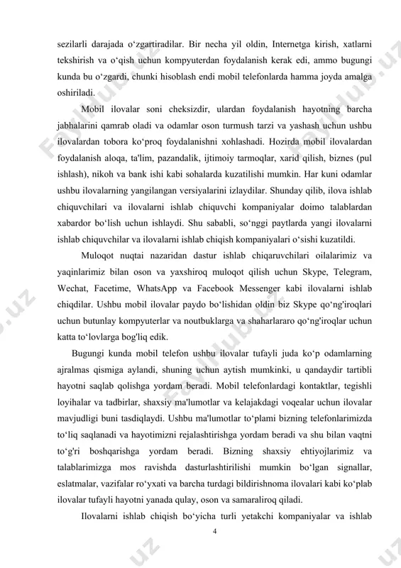 chilar ta'lim dasturlarini ishlab chiqdilar butun dunyo bo‘ylab hayotga chuqur ta'sir ko‘rsatdi. ushbu ilovalar barcha o‘qituvchilar va o‘quvchilar uchun qadrlidir. elektron kitoblar, elektron kutubxona, taʼlim videolari, taʼlim oʻyinlari va boshqalar bugungi kunda mavjud boʻlib, odatda kutubxonada foydalanish mumkin boʻlgan sifatli oʻquv materiallariga oson kirish imkonini beradi. mobil ilovalar yaratishning dolzarbligi juda yuqori hisoblanadi. bu, ilovani qanday ishga tushirishni o‘rganishdan boshlab, dizayn qilish va o‘z ichiga qo‘shimcha funksiyalar qo‘shishga qadar barcha bosqichlarda muammo yuzaga kela oladi. birinchidan, mobil ilova yaratish uchun kerakli dasturlash tillarini o‘rganish va ularga moslashtirilgan dasturlar yaratish zarur. bu, dasturchining vaqtini va energiyasini talab etadi. ikkinchidan, mobil ilovalarni dizayn qilish ham juda ko‘p vaqt va xarakter talab etadi. ilovaning foydalanuvchilar tomonidan mazmunli vazifalarni bajarishi kerak bo‘ladi. bu esa dizaynerlar va dasturchilar orasidagi ishbirligi bilan amalga oshirilishi kerak. uchunchidan, ilovaga qo‘shimcha funksiyalar (masalan, push-xabarlar) qo‘shish ham yana bir dolzarbligi hisoblanadi. ushbu xizmatlar uchun serverni buyurtma berilishi kerak bo‘ladi, bu …