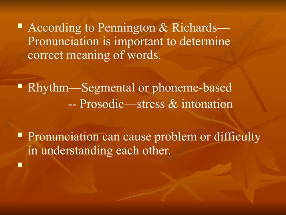 e tone. e.g : 4.30 4.31 words in bold are the newsworthy 4.32 speakers decide on the information that needs to be distributed in tone groups & where tonic is placed. decisions rests on assessing what needs to be highlighted to the listener. (new & given) info background info (obvious in the context) prominence -- may be used to draw the listeners attention to a wide variety of phenomenon in the discourse, including markings of the speakers’ turn a new topic & emphasis on contrast or giving new info turn-taking speakers can signal a desire to continue a speaking turn by : using low pitch pause to stop or continue low pitch for ending statement syntax, lexis, non-verbal communication & context types of tones are not easy to separate. (good example p. 105 4.39) pitch across speakers matching or concord in pitch between speakers is a phenomenon. e.g: 4.59 4.60 …