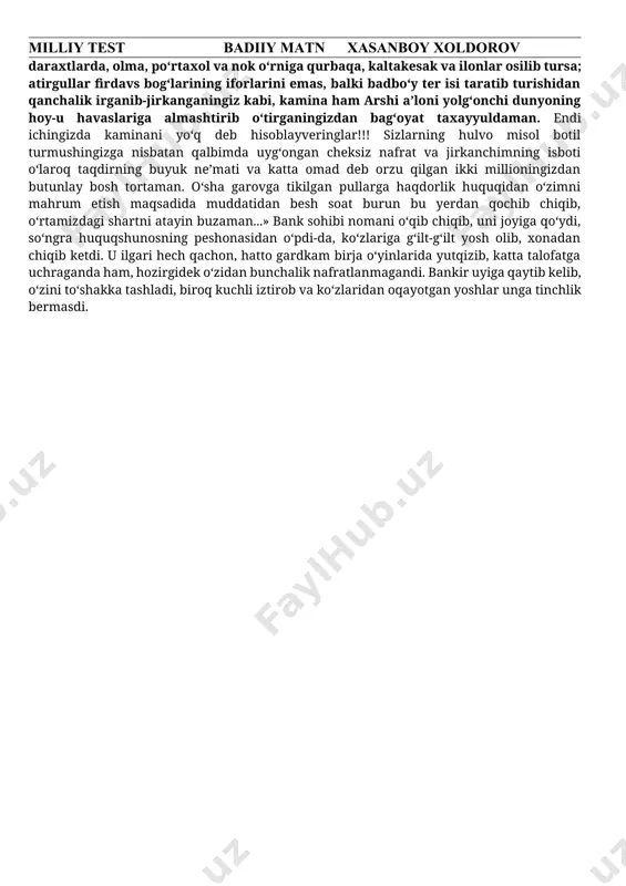 irishida uyquga ketgandi... quyi solingan boshi qarshisida mayda harflarda yozilgan bir varaq qog‘oz yotardi. «sho‘ring qursin! – dedi ichida bankir. – uxlayapti. ehtimolki, shu topda tushida garovga tikilgan million-million pullarni ko‘rayotgandir! bu tirik murdani dast ko‘tarib to‘shakka yotqizaman-da, paryostiq bilan og‘iz-burnini yopib turaman – joni uziladi. o‘shanda eng adolatpesha ekspertiza ham u zo‘rlab o‘ldirilganini aniqlay olmaydi. darvoqe, u nimalar haqida yozganini o‘qib ko‘ray-chi...» «ertaga kunduz soat o‘n ikkida kamina ozodlikka chiqib, yana odamlar orasida yashash huquqini qo‘lga kiritaman. ammo-lekin ushbu zindonni butunlay tark etib, oftobni yana o‘z ko‘zim bilan ko‘rish baxtiga erishishdan oldin sizga quyidagilarni yetkazib qo‘yishni lozim topdim. pok vijdonim hamda yaratganning guvohligida sizga shuni aytmoqchimanki, endi men sizlarning minglab jild-jild kitoblaringizda foniy dunyoning noz-ne’matlari-yu rohat-farog‘atlari deya maqtalgan hurlik, sihat-salomatlik, to‘y-u tomoshalar-u, shod-u xurramliklar – hamma-hammasiga tupurdim! uzlatda kechgan o‘n besh yil davomida kamina bu o‘tkinchi dunyo hayotini miridan sirigacha o‘rgandim. to‘g‘ri, uzoq yillar men na quyoshni, na odamlarni …