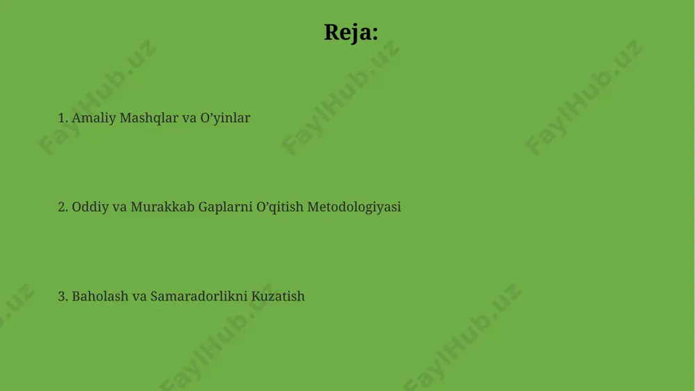 ar tomonidan qo'llaniladigan interfaol o'yinlar va amaliy mashqlar, jumladan, 20 dan ortiq turli xil topshiriqlar samarali ekanligini ko'rsatdi. murakkab gaplarning turlari murakkab gaplarning 3 turi mavjud: bog'lovchili, bog'lovchisiz va ittifoqsiz murakkab gaplar. masalan, toshkentdagi 2-maktabda o'quvchilarga bu turlarni 5-sinfdan boshlab o'rgatishadi. qo'shma gaplar 2 yoki undan ortiq sodda gaplardan iborat bo'lib, ular bir-biriga semantik jihatdan bog'liq. buxoroda 7-maktabda qo'shma gaplarning 4 asosiy turiga e'tibor qaratiladi. murakkab qurilmali gaplar 2 yoki undan ortiq sodda gaplardan iborat bo'lib, ular orasida bog'lovchi so'zlar (va, lekin, yoki) yoki tinish belgilar ishlatiladi. samarqanddagi 10-maktabda bunday gaplarni tahlil qilish usullari o'rgatiladi. oddiy gap tushunchasi va tuzilishi baʼzi oddiy gaplar qoʻshimcha a’zolar bilan boyitilishi mumkin, masalan, " toshkentda ob-havo ajoyib" gapida "toshkentda" – hol. bu gap 3 ta soʻzdan iborat. oddiy gapning asosiy a’zolari – kesim va bosh gap boʻlib, ularning oʻzaro bogʻlanishi gapning maʼnosini aniqlaydi. masalan, 7-sinf oʻquvchilariga "daraxt yashnayapti" gapini tahlil qilish. oddiy gap, 1-2 …