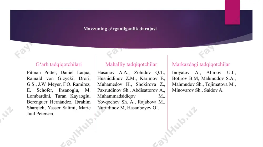 vatlash va innovatsiya faoliyatini rivojlantirish” to‘g‘risidagi farmon. 1992-yil prezidentning martdagi farmoni bilan “oliy attestatsiya komissiyasi” (oak) tashkil etildi; o‘zbekiston fani va ta’limi integ- ratsiyasini ta’minlash borasida ham qator ishlar amalga oshirilmoqda. bu jarayon 2012-yilga qadar fanlar akademiyasi tizimida ilmiy-o‘quv markazlari tashkil etilishi orqali amalga oshirildi. jumladan, 2011-yili fanlar akademiyasining fizika-texnika institutida “qayta tiklanadigan energiya manbalari” ilmiy o‘quv markazi, 2012-yili immunologiya institutida “bio- tibbiyot” ilmiy-ta’lim innovatsion markazi ish boshladi. 2012-yildan esa oliy ta’lim tizimida ilmiy sektor rivojini ta’minlash maqsadida fanlar akademiyasning 5 ta ilmiy tadqiqot instituti, 4 ta min- taqaviy ilmiy markazlar ilmiy bo‘linma tarzida qayta tashkil etilib, yo‘nalishi va ixtisosliklariga ko‘ra ular tegishli oliy ta’lim muassasalariga o‘tkazildi; 2020-yil 29-oktyabrdagi pf–6097-son farmon bilan tasdiqlangan ilm-fanni 2030-yilgacha rivojlantirish konsepsiya. ii bob. o‘zbekistonda ilmiy-tadqiqot markazlar faoliyati hamda hazrati imom ansambli tarixi 2.1. yangi taraqqiyot bosqichida ilmiy tadqiqot markazlari faoliyati bukhari.uz imom buxoriy xalqaro ilmiy-tadqiqot markazi termiziy.uz imom termiziy xalqaro ilmiy-tadqiqot markazi moturidiy.uz imom …