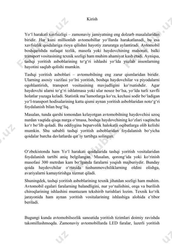 di. ii. tashqi yoritish asboblaridan foydalanish qoidalari • kechasi harakatlanayotganda faralar doimo yoqilgan bo‘lishi kerak. • kunduz kuni ham ba’zi davlatlarda faralarni yoqib yurish majburiy (masalan, shvetsiya, norvegiya, polsha). • yo‘nalishni o‘zgartirishdan kamida 3–5 soniya oldin burilish signali yoqilishi shart. • qorong‘ida yoki yomg‘irli havoda tuman chiroqlaridan foydalanish mumkin. • favqulodda vaziyatda to‘xtaganda avariya signali yoqilishi kerak. 👉 misol: o‘zbekistonda haydovchi burilishni burilish signalisiz amalga oshirgani uchun boshqa mashina bilan to‘qnashib ketgan yth sodir bo‘lgan. bu oddiy signalning o‘z vaqtida berilmaganidan yuzaga kelgan. iii. tashqi yoritish asboblaridan foydalanishning taqiqlangan holatlari • qarama-qarshi mashina yaqinlashganda uzoq nur bilan yurish taqiqlanadi. • tuman chiroqlaridan faqat ko‘rish yomonlashganda foydalanish mumkin, aks holda boshqalarni ko‘rini olmaydigan qiladi. • yorug‘ kunda, yaqin masofada uzoq nur yoqish noto‘g‘ri hisoblanadi. • nosoz yoki yonmaydigan chiroqlar bilan avtomobil boshqarish mumkin emas. 👉 misol: rossiyada uzoq nurdan foydalanib, qarshi tomondagi haydovchini ko‘r bo‘lib qolishga majbur qilgan mashina egasiga jarima …