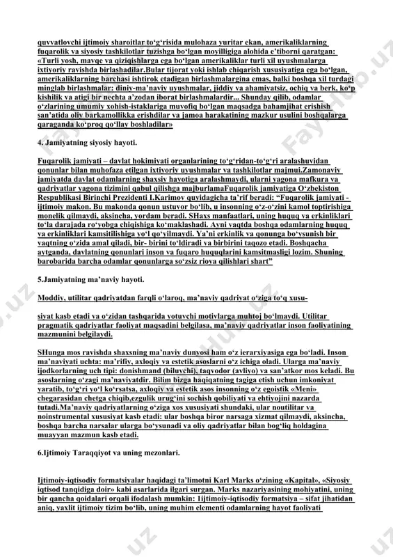 atdagi o‘zgarishlarni inobatga olgan. jamiyatni to‘liq va to‘liqsizga ajratar ekan, forobiy shahar to‘liq jamiyatning birinchi bosqichidir deb e’tirof etadi. platon va aristotel esa to‘liq jamiyatni shahar bilan chegaralaganlar va shahar insoniyat jamiyati takomilining oxirgi darajasi, jamoaviy baxt saodatning bosh markazi deb ta’kidlaganlar. forobiy esa, butun dunyodagi jamiyat haqida fikr yuritib, uning xukmdori qandaydir alohida olingan xalq, qavm yoki jamoa boshlig‘i emas, balki butun madaniy dunyodir deb ta’kidlaydi va bu fikri bilan yunon faylasuflaridan ilgarilab ketad 3. jamiyatni moddiy hayoti. ishlab chiqaruvchi kuchlar va ishlab chiqarish munosabatlari tushunchalari, ularning o’zaro aloqadorligi. odamlarning manfaatlarini aks ettiradigan nodavlat, nohukumat tashkilotlari fuqarolik jamiyatini tashkil etadi. ular rasmiy statistikaga kirmaydi va ularning hisobini yuritish ancha qiyin ish. chunonchi, ayrim ma’lumotlarga ko‘ra, aqshda yuz minglab bunday tashkilotlar faoliyati 25 mingdan ortiq xayriya fondlaridan mablag‘ bilan ta’minlanadi. norvegiyada bu mamlakat fuqarosi hisoblangan har olti kishidan biriga bitta nohukumat tashkiloti to‘g‘ri keladi. xix asr fransuz sotsiologi a.de tokvil …