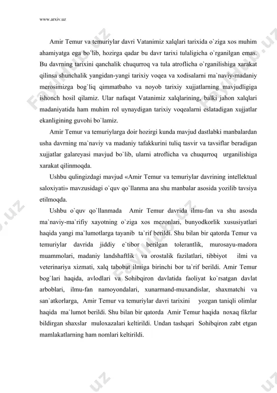 qli olimlar haqida ma`lumot berildi. shu bilan bir qatorda amir temur haqida noxaq fikrlar bildirgan shaxslar muloxazalari keltirildi. undan tashqari sohibqiron zabt etgan mamlakatlarning ham nomlari keltirildi. xullas, amir temur va temuriylar davri tarixi bilan qiziqqan kishilar uchun kerakli dastlabki tarixiy ma`lumotlar yoritildi. ishonchimiz komilki, ushbu o`quv qo`llanmadan kitobxonlar o`zlariga yarasha bilimlar oladi degan umiddamiz. qisman bo`lsada kamchiliklar bo`lsa kitobxondan uzur so`raymiz. amir temur davrida ilmu - fan va ma`naviy hayot. temur o`z siyosatini mamlakatda markazlashgan kuchli mustaqil jamiyat o`rnatish, har bir ishda qonun va tartib joriy qilish, yurtda osoyishtalikni jonlantirish, xunarmandchilik, savdoni rivojlantirish, islom aqidalariga rioya qilishdan boshladi. temurning amaliy-ijtimoiy faoliyati uning avval o`tgan podshohlarga nisbatan qanday ijobiy yangiliklarni amalga oshirganligiga qarab baholanishi zarur. ana shu nuqtai nazardan aytishimiz mumkinki, amir temur va temuriylarning faoliyati, shubhasiz ilmu-fan taraqqiyoti va ma`naviyati bilan sug`orilgandir. amir temur o`z zamonasining qanday buyuk jahongiri bo`lsa, shunday ulkan ilmu-fan bunyodkori, madaniyat rivojining buyuk yo`lboshchisi ham …