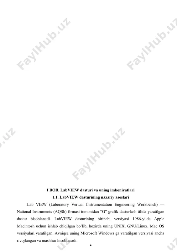 gpib, pxi, vxi, rs-232 b rs-484 qurilmalarni boshqarishda foydalaniladi. labview dasturida yana labview web server va turli standart protokol va vositalar tcp/ip va activex lardan foydalanib, yaratilgan dasturlarni tarmoqqaga ulash ham mumkin. lab view dasturining afzalliklari: ^ mukammal dasturlash tili; ^ grafik dasturlashning aniq jarayoni; ^ ma’lumotlarni qayta ishlash va tahlil qilish, uskunalarni boshqarish va ma’lumotlarni tarmoqli inerfeys orqali almashinishining mavjudligi; ^ drayverlari 2000 dan ortiq asboblarga mo’ljallangan; ^ mingdan ortiq ilovalar shablonli misollar; ^ windows2000/nt/xp, mac os x, linux va solaris operatsion tizimlariga mos kelishi. labview o’zida turli xil ishlab chiqaruvchilarning katta spektrdagi uskunalarini va ko’p sonli kutubxona komponentlarini mujassamlashtiradi: · keng tarqalgan interfeys va protokol (rs-232, gpib 488, tcp/ip va boshq.) ni tashqi qurilmaga ulash; · tajriba ishlarini masofadan turib boshqarish; · mashina doirasida robot va tizimlarni boshqarish; · signallarni raqamli qayta ishlash va generatsiyalash; · ma’lumotlarni qayta ishlashda turli xil matematik usullarni qo’llash; · ma’lumot va natijalarni …