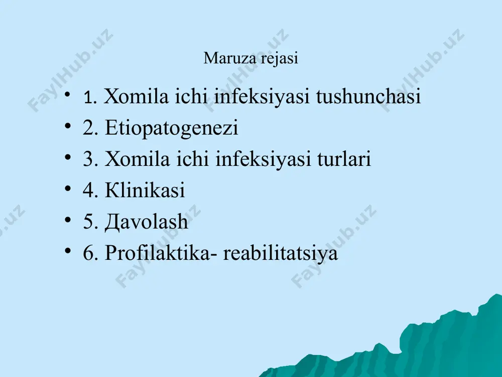 a uning bo’shlig’ini , qog’anoq suvini ifloslaydi va bevosita xomilani o’rab turuvchi qobiqni zararlaydi yuqoridan quyiga qo’zg’atuvchi qorin bushlig’idan bachadon naylari orqali xomilaga o’tadi. amniotik suyuqlik infeksiya uchun qulay muxit bo’lib xisoblanadi . agar infeksiya qo’zg’atuvchi amniotik suyuqlikka tushsa u yerdan bevosita teri, nafas yo’llari, oshqozon ichak yo’llari, ko’zlar va qulog’i orqali homilaga o’tadi xomila ichi infeksiyasini tarqalish yo’llari gematogen yo’l qo’zg’atuvchi xomilaning siydigi yoki mekoniy bilan ajralishi oqibatida yo’ldosh va xomila ikkilamchi infeksiyalanadi – bu infeksiyalanish aralash usul hisoblanadi xomila ichi infeksiya-lanishining kelib chiqishida surunkali infeksion kasalliklar katta axamiyatga ega, bular quyidagilar: sitomegaliya, toksaplazmoz, listerioz, qizilcha, gepatit b, gerpes, zaxm (sifilis) kontakt yo’li tugruq vaqtida xomilani tug’ruq yo’llaridan yo’llardan o’tayotganda yuzaga keladi xomila ichi infeksiyalarning umumiy belgilari (o’xshashlik) anamnez - onasida ogir akusherlik anamnezi (bo’ydan spontan tushishlar, tushish xavf mavjudligi, o’lik tug’ilish va b.) - xomiladorlik va tug’ruqni og’ir kechishi (chalalik, tug’ruq jarayonining susayishi , yo’ldosh anomaliyalari, qon ketish …