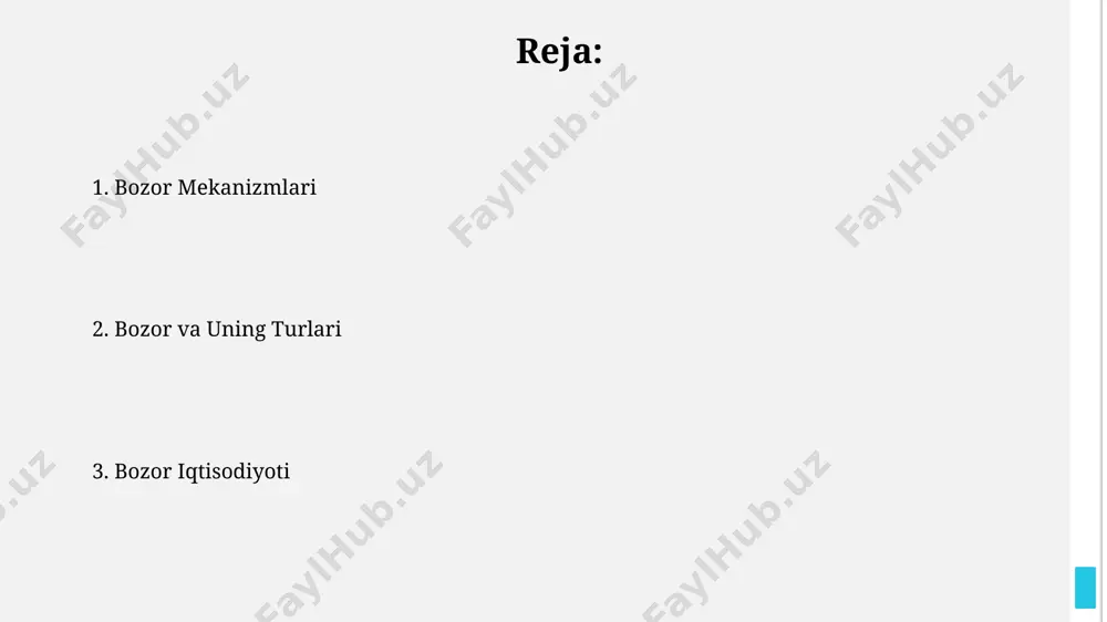 bozorning muvaffaqiyatli faoliyati uchun 5 dan ortiq ishtirokchi (ishlab chiqaruvchilar, iste'molchilar va vositachilar) kerak va ularning o'zaro munosabatlari shartnoma va qonunlar bilan tartibga solinadi. bozor iqtisodiyotida 3 ta asosiy bozor turi mavjud: tovar bozori, mehnat bozori va kapital bozori, ularning har biri o'ziga xos xususiyatlarga ega va o'zaro bog'liqdir. bozorning ta'rifi va vazifalari bozor – bu 2 yoki undan ortiq iqtisodiy subyektlarning oʻzaro munosabatlari orqali tovarlar va xizmatlar almashinuvi amalga oshiriladigan mexanizm boʻlib, u taklif va talabning oʻzaro ta’sirida narxlarni shakllantiradi. bozorning asosiy vazifasi – resurslarni samarali taqsimlash, ya’ni kamida 3 ta turli mahsulot ishlab chiqaruvchilarining taqdim etayotgan mahsulotlari orasidan iste’molchilarning ehtiyojlarini qondirishga imkon beradigan variantlarni tanlash. bozor iqtisodiyoti nima? bozor iqtisodiyoti davlatning aralashuvi minimal bo'lgan sharoitda faoliyat yuritadi, ammo 5 dan ortiq muhim sektorlarda davlatning regulyatorlik funksiyasi saqlanib qoladi, bu inflyasiya va ishsizlikni nazorat qilishga yordam beradi. bozor iqtisodiyoti, resurslarning taqsimlanishi bozor mexanizmlari orqali, ya’ni talab va taklif kuchlari …
