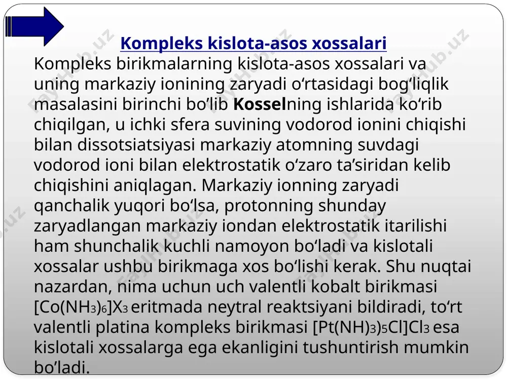 liktomonidaro’yberganliginitushuntirishgaintilish, agarbundaytushunishgaimkonbo’lmasa,mazkurhodisaningyuzberganligimohiyatinianglashgaintilish,demakdir. kosselning kompleks birikmalarning oksidlanish-qaytarilish va kislota-asos xossalariga nisbatan nazariy qarashlari asosida qilingan bashoratlar etarlicha aniqlik bilan isbotlangan: (a) reaksiya tenglamasidan ko‘rinib turibdiki, kompleks birikma hosil bo‘lishining to‘liqligi vodorod ionlarining kontsentratsiyasiga bog‘liq. vodorod ionlarining qulay kontsentratsiyasi kationning xossalari va reaktivning kislota-asos xossalari bilan belgilanadi. agar reaktiv etarlicha kuchli kislota bo‘lsa, u holda reaktsiya (a) kislotali muhitda to‘liq davom etadi. biroq, ko‘pchilik organik reagentlar kuchsiz kislotali xossalarga ega. platonezguliknianglash-xudonianglash,ezguliktabiatigaegabo’lishesaxudomohiyatigategishlibo’lish,uninguzviybirqismigaaylanish,debo’rgatadi. organik reagentlar bilan kompleks birikmalar hosil bo‘lish fotometrik reaktsiyalarni o‘rganish bosqichlarini ko‘rib chiqish mumkin. reaksiyaning maqbul shartlari aniqlangan elementni kompleksga to‘liq bog‘lashni talab qiladi. ko‘pgina organik reagentlar kislota-asos xossalariga ega. agar element ioni bir, ikki yoki ko‘p asosli kislota bo‘lgan organik reagent bilan reaksiyaga kirishishi kerak bo‘lsa (ya’ni, reaksiya kislota protonini metall ioni bilan almashtirish turiga qarab davom etadi), keyin umumiy shaklda kompleks birikma hosil bo‘lish reaktsiyasini (a) tenglama bilan ifodalash mumkin. shuning uchun kompleks birikma hosil bo‘lish shartlari nafaqat reagentning …