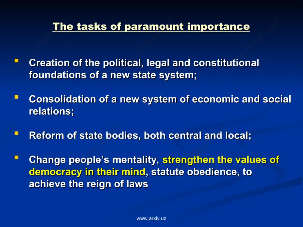 ina www.arxiv.uz * principles of state development and economic reforms in uzbekistan priority of economy over policy government is the major reformer during transition period to market economy superiority of law strong social policy is a constituent element of market economy stage-by-stage reformation www.arxiv.uz www.arxiv.uz * key tasks of economic reforms during the first years of independence creation of multi-leveled economy through consecutive implementation of denationalization and privatization; stimulation of development of small and private business, creating a real class of owners in the republic; reorganization of state owned farms into individual private farms, rationalising rent relations and providing land plots for lifelong use with the right to inheritance; strengthening monetary circulation and, hence, of the national currency, developing financial market; structural changes in the economy directed to deeper processing of agricultural raw materials and mineral resources, creating modern, technologically equipped base both for export oriented production and for providing …