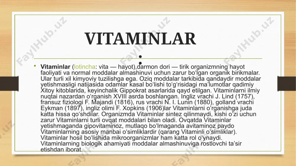 r va kist fibrozisi (nafas olish, ovqat hazm qilish va ko'payish bilan bog'liq muammolarni keltirib chiqaradigan tug'ma kasallik) va malabsorbtsiya (oziq-ovqatni so'rish muammolari) bilan og'rigan odamlardir. a vitamini kseroftalmiya (kam yorug'likda ko'rmaslik) va tungi ko'rlikning oldini olish va davolash uchun ishlatiladi. a vitamini antioksidant deb ataladigan dorilar sinfiga kiradi. u ko'rish, ko'payish, hujayra o'sishi va immunitet tizimini qo'llab-quvvatlash uchun tanaga kerak. bu sizning hujayralaringizni erkin radikallardan himoya qilish va hujayra o'sishi va faoliyatini qo'llab-quvvatlash uchun ishlaydi. oldindan tayyorlangan a vitamini: jigar, baliq, tuxum va sut mahsulotlari kabi hayvonot mahsulotlarida mavjud. provitamin a karotinoidlari: sabzi, ismaloq, karam, shirin kartoshka va o'rik kabi o'simlikka asoslangan ovqatlarda mavjud. diyetik qo'shimchalar: a vitamini qo'shimchalar shaklida ham mavjud, jumladan retinol va beta-karotin. tavsiya etilgan kunlik miqdorlar: tavsiya etilgan kunlik a vitamini miqdori yosh va jinsga qarab o'zgaradi, erkaklar uchun odatda 900 mkg va ayollar uchun 700 mkg kerak. o'rtacha kunlik tavsiya etilgan miqdorlar hayotning turli …