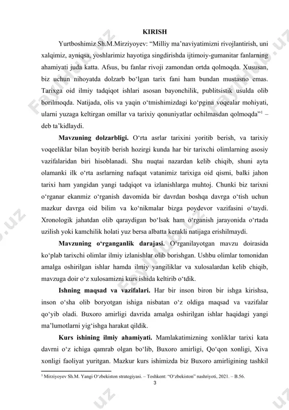 ilova qismidan iborat. i bob. buxoro amirligining tashkil topishi 1.1 buxoro amirligining tashkil etilishi buxoro amirligi — o‘zbek davlatchiligi tizimidagi xonliklardan biri (16-20-asr boshlari). 1533 yilgacha mamlakat markazi samarqand bo‘lgan. ubaydullaxon davrida (1533-39) poytaxt buxoroga ko‘chirilgan va xonlik buxoro xonligi nomini olgan. 1510 yil marv yonida shayboniyxon shoh ismoil i safaviy qo‘shinlaridan yengilib halok bo‘lgandan keyin movarounnaxr temuriylardan zahiriddin muhammad bobur qo‘liga o‘tadi. lekin, ko‘p o‘tmay shayboniylar yana movarounnahrni egallaganlar. shu vaqtdan boshlab movarounnahr butunlay shayboniylarga tobe bo‘lgan. o‘sha vaqtlarda xonlikka hozirgi o‘zbekiston va tojikistonning katta qismi, balx va badaxshon kirgan. ubaydullaxon vafotidan keyin buxoro xonligi mayda bo‘laklarga bo‘linib ketgan. buxoroda ubaydullaxonning o‘g‘li abdulazizxon, samarqandda esa ko‘chkunchixonning o‘g‘li abdullatifxon mustaqillik e’lon qilgan. balx va badaxshonda shayboniylardan pirmuhammadxon mustaqil hukmronlik qilgan. shu yillari shayboniy sultonlari va mahalliy mulqdorlarning hokimiyat uchun kurashi kuchaygan. toshkent va turkistonda navro‘z ahmadxon (baroqxon), karmana va miyonqolda iskandarxon, balxda pirmuhammadxon va boshqa kichik-kichik hukmdorlar mustaqil bo‘lib olganlar …