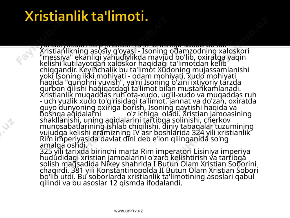 akchilik uchun olib borgan raqobati oqibatida vujudga keldi ajralish jarayoni rim imperiyasining g'arbiy va sharqiy tafovutlari o'sib chuqurlashib borayotgan asrlardayoq boshlangan edi. 867 yillar orasida papa nikolay va istanbul patriarxi fetiy orasida uzil-kesil ajralish ruy berdi va bu ajralish 1054 yili rasman tan olindi. xvi asr boshlarida katolisizmdan bir necha yevropa cherkovlari ajralib chiqishi natijasida xristianlikda protestantlik harakatlari vujudga keldi. buning doirasida lyuterantlik, baptizm, anglikanlik va kalvinizm cherkovlari shakllandi. bular bir cherkovning asosiy marosimlari jihatidan o'zlariga xos bo'lgan tomonlarga ega bo'lish bilan bir qatorda, bular ham o'z navbatida bir necha yo'nalishlar,mazhablar va oqimlarga bo'lindi. www.arxiv.uz www.arxiv.uz pravoslav oqimi xristianlikning uch asosiy yo'nalishidan biri o'laroq, tarixan uning sharqiy shahobchasi sifatida ruyobga chiqdi va shakllandi. bu oqim asosan sharqiy yevropa, yaqin sharq va bolqon mamlakatlarida tarqalgan. pravoslav atamasi yunoncha ortodoksiya so'zidan olingan bo'lib, ilk davr xristian yozuvchilari asarlarida uchraydi. pravoslaviyening kitobiy asoslari vizantiyada shakllandi, chunki bu yo'nalish u yerdagi hukmron din edi. …