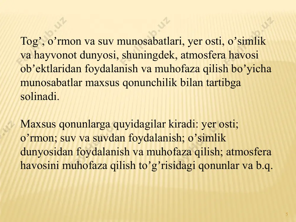 ining xilma-xilligi, yer munosabatlari ishtirokchilarining teng huquqliligini taʼminlash hamda ularning qonuniy huquq va manfaatlarini himoya etish; 7. yerdan foydalanganlik uchun haq toʼlash; 8. yerlarning holati haqidagi axborotning toʼliq boʼlishini hamda undan erkin foydalanishga yoʼl qoʼyilishini taʼminlash. 16 nazorat savollari yer resurslarini boshqarishning huquqiy manbalarini aytib bering? yer resurslarini boshqarish va yer munosabatlari siyosatini belgilovchi qonunlarga qaaysilar kiradi? yer munosabatlarini tartibga soluvchi maxsus ahamiyatga ega qonunlarni aytib bering? 17 17 eʼtiborlaringiz uchun raxmat ! image3.jpeg image4.png image5.wmf image6.wmf /docprops/thumbnail.jpeg