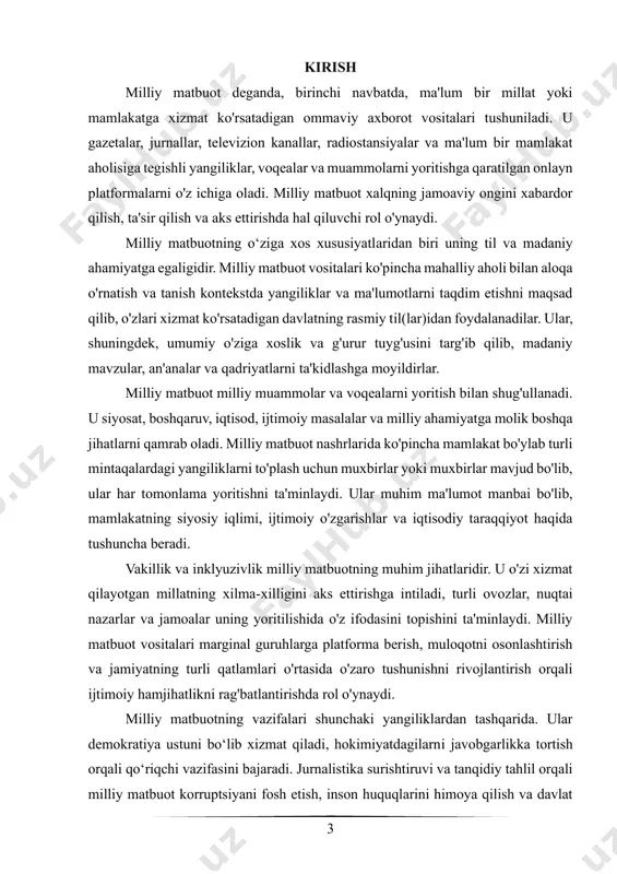 illiy ahamiyatga molik boshqa jihatlarni qamrab oladi. milliy matbuot nashrlarida ko'pincha mamlakat bo'ylab turli mintaqalardagi yangiliklarni to'plash uchun muxbirlar yoki muxbirlar mavjud bo'lib, ular har tomonlama yoritishni ta'minlaydi. ular muhim ma'lumot manbai bo'lib, mamlakatning siyosiy iqlimi, ijtimoiy o'zgarishlar va iqtisodiy taraqqiyot haqida tushuncha beradi. vakillik va inklyuzivlik milliy matbuotning muhim jihatlaridir. u o'zi xizmat qilayotgan millatning xilma-xilligini aks ettirishga intiladi, turli ovozlar, nuqtai nazarlar va jamoalar uning yoritilishida o'z ifodasini topishini ta'minlaydi. milliy matbuot vositalari marginal guruhlarga platforma berish, muloqotni osonlashtirish va jamiyatning turli qatlamlari o'rtasida o'zaro tushunishni rivojlantirish orqali ijtimoiy hamjihatlikni rag'batlantirishda rol o'ynaydi. milliy matbuotning vazifalari shunchaki yangiliklardan tashqarida. ular demokratiya ustuni boʻlib xizmat qiladi, hokimiyatdagilarni javobgarlikka tortish orqali qoʻriqchi vazifasini bajaradi. jurnalistika surishtiruvi va tanqidiy tahlil orqali milliy matbuot korruptsiyani fosh etish, inson huquqlarini himoya qilish va davlat 4 boshqaruvini targ'ib qilishda hal qiluvchi rol o'ynaydi. u so'z erkinligi va axborot olish huquqi kabi demokratik qadriyatlarni himoya …