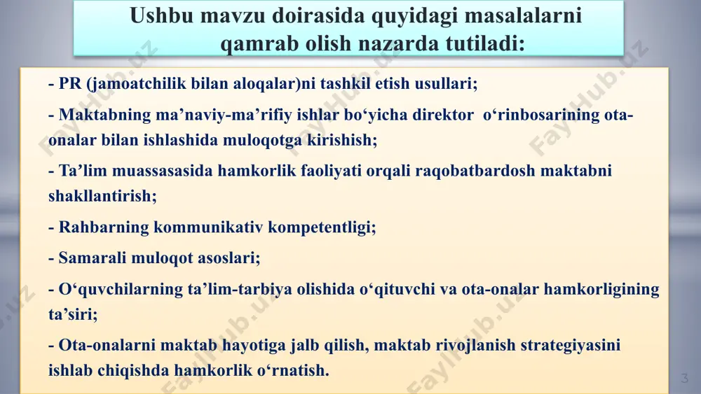 ari, falsafiy mushohadakorligi, diplomatligi, vaziyatga, shaxsga nisbatan to‘g‘ri munosatda bo‘lishiga tayangan holda masalaga yechim topa olishi kerak bo‘ladi. 10 1-2- guruh alohida vazifalarda - o‘quvchilarni virtual olam iskanjasidan olib chiqish yo‘lidagi choralar; - kitobxonlik madaniyatini oshirish choralari; - o‘quvchilar qiziqishi, qobiliyatiga mos to‘garaklar faoliyatini yo‘lga qo‘yish; - maktabda ma’nan sog‘lom muhitni yuzaga keltirish choralari haqidagi takliflarini bildirishlari kerak. «“injiq” ota-onalar» rolli o‘yini metodi (“injiq” ota-onalar) farzandlari ta’limi, tarbiyasida muammolari bo‘lganlar. ayni vaqtda o‘z farzandlari kelajagiga ishonchsiz bo‘lgan, farzandlaridagi mavjud muammolarda o‘zlaridan ko‘ra maktab vakillarini aybdor sanovchi toifa ota-onalar. «“injiq” ota-onalar» rolli o‘yini metodi 3-gurux 12 3- gurux vazifasi 1) “injiq ota-onalar” sifatida maktabdagi ta’lim-tarbiya sifatiga aloqador maktabning ma’naviy-ma’rifiy ishlar bo‘yicha direktor o‘rinbosari ishtiroki bilan hal etiladigan muammolar bilan 1 va 2-gurux a’zolariga savollar, takliflar bilan murojaat qilish; 2) shuningdek, 1 va 2-gurux a’zolari faoliyatini kuzatish va ma’naviy-ma’rifiy ishlar bo‘yicha direktor o‘rinbosari sifatida ular tomonidan yo‘l quyilgan kamchiliklarni aniqlagan holda ushbu …