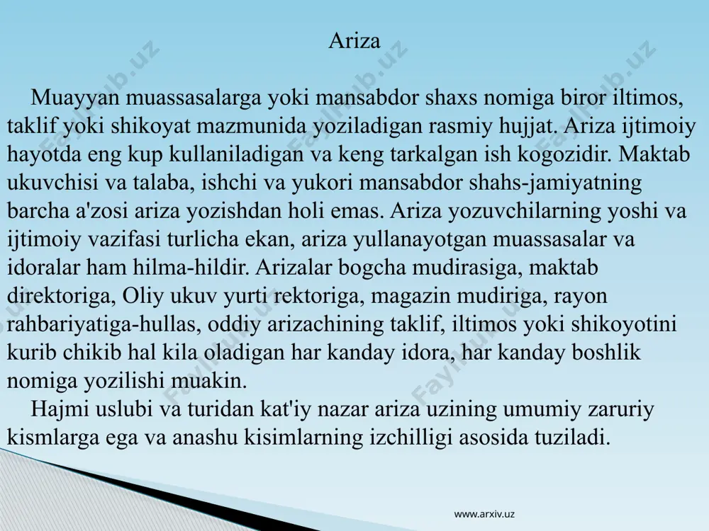 ot va hisobot hususiyatiga ega. bu hususiyatlar hujjat matni sarlavhasidayok uz aksini topadi. tashabbus bildirishnomasi matnida tegishli masala yuzasidan umumiy yoki anik takliflar ilgari surilib, rahbarni ularni hal kilishga undaydi (masalan, navoiy nomidagi jamoa hujaligida mukofotlash nizomining buzilganligi hakida). www.arxiv.uz bildirishnomaning zaruriy kismlari: 1. bildirishnoma yo’llangan rahbarning lavozimi, ismi va otasining ismining bosh harflari hamda jo’nalish kelishigidagi familiyasi. 2. bildirishnoma tayyorlagan shaxsning lavozimi, ismi va otasining ismining bosh harflari hamda chiqish kelishigidagi familiyasi. 3. matn sarlavhasi. 4. hujjat turining nomi (bildirishnoma). 5. bildirishnoma matni (mazmuni). 6. qancha varaqligi ko’rsatilgan ilovalar ro’yhati (agar ilovalar bo’lsa). 7. bildirishlnma tayyorlovchi hodim yoki rahbarning imzosi (agar bir necha shaxs tomonidan tayyorlangan bo’lsa, u barcha mualliflar tomonidan imzolanadi). 8.bildirishnoma takdim etilgan sana (sana muallif yoki muassasa rahbari tomonidan bildirishnoma imzolanayotgan paytda ko’yiladi). yukoridagilardan ko’rinib turibdiki, zaruriy kismlari va yozilish shakli jihatidan bildirishnomalar hizmat ma'lumotnoma (spravka)lariga yaqin turadi. farqi shundaki, ma'lumotnomalarda asosan talab qilingan, so’ralgan voqea-hodisalalar …