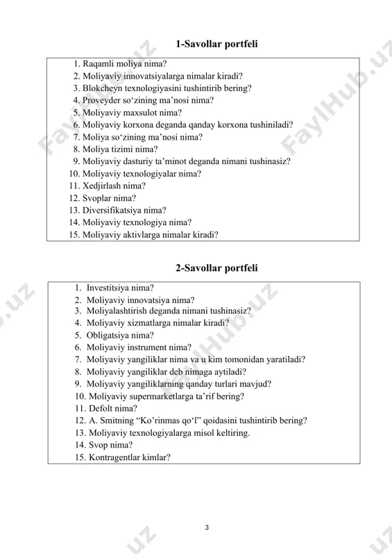 a’rif bering? 6. likvidlilik nima? 7. moliyaviy yangiliklar qanday xususiyatlarga ega? 8. moliya bozorining rivojlanish tendensiyalarini tushintirib bering? 9. sekyuritizatsiya nima? 10. derivativlar nima? 11. moliya bozori tushunchasi? 12. moliyaviy innovatsiya nima? 13. foreks bozorida kimlar savdo qiladi? 14. kotirovka nima? 15. fintex nima va u qanday faoliyatlarni amalga oshiradi? 3-topshiriq. jadvallardagi topshiriqlarni bajaring. xar bir gurux jadvalda berilgan topshiriqlarni bajaradi. 1-gurux korxonaning aylanmadan tashqari (uzoq muddatli) aktivlariga nimalar kiradi: 2-guruh. 1. korxona kapitaliga nimalar kiradi: 3-guruh. 1. korxonaning uzoq muddatli aktivlariga nimalar kiradi: 5-topshiriq. tayanch atamalar. moliyaviy boshqaruv, boshqaruv, moliyaviy relalashtirish, moliyaviy bashoratlash, moliyaviy nazorat, moliyaviy resurslar, soliq, boshqaruv tamoyillari, moliyaviy tahlil, davlat byudjeti, davlat maqsadli jamg’armalari, davlat krediti, moliyaviy vositachilar, byudjet harajatlari, byudjet daromadlari, davlat moliyasi, tijorat korhonalari, notijorat korhonalari, ………………… baholash mezoni (jadvali) topshiriqlar: 1-guruh 2-guruh 3-guruh 1-topshiriq. 2-topshiriq. 3-topshiriq. 4-topshiriq. 5-topshiriq. 6-topshiriq. jami: 162 524 5