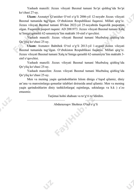 lik pasportini olgan. fuqarolik pasport raqami: aa 7736839 .ma’lumoti oʻrta maxsus. hozirda uy bekasi. yashash manzili: jizzax viloyati baxmal tumani muzbuloq qishlogʻida qoʻyliq koʻchasi 25-uy. singlim: sindorova barchinoy oʻrol qizi 2001-yil 22-aprel jizzax viloyati baxmal tumanida tugʻilgan. oʻzbekiston respublikasi fuqarosi. millati qirgʻiz.. jizzax viloyati baxmal tumani iivdan 2022-yil 23-avgustda fuqarolik pasportini olgan. fuqarolik pasport raqami: ad 1685427. maʻlumoti tugallanmagan oliy. jizzax davlat pedogogika unversiteti 4-kurs talabasi. yashash manzili: jizzax viloyati baxmal tumani soʻpi qishlogʻida soʻpi koʻchasi 27-uy. ukam: axmatov gʻanisher oʻrol oʻgʻli 2006-yil 12-noyabr jizzax viloyati baxmal tumanida tugʻilgan. oʻzbekiston respublikasi fuqarosi. millati qirgʻiz. jizzax viloyati baxmal tumani iivdan 2022-yil 25-noyabrda fuqarolik pasportini olgan. fuqarolik pasport raqami: ad 2081973. jizzax viloyati baxmal tumani xalq ta’limiga qarashli 62-umumiyta’lim maktabi 10-sinf oʻquvchisi. yashash manzili: jizzax viloyati baxmal tumani muzbuloq qishlogʻida qoʻyliq koʻchasi 25-uy. ukam: axmatov bahtibek oʻrol oʻgʻli 2013-yil 1-avgust jizzax viloyati baxmal tumanida tugʻilgan. oʻzbekiston respublikasi fuqarosi. millati qirgʻiz. jizzax viloyati …