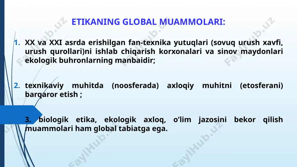 shlar tufayli ana shu biosfera ichida noosferani - texnikaviy muhitni yaratdi. v.i.vernadskiy sayyoramiz yuzi - biosfera inson tomonidan ongli va asosan ongsiz ravishda keskin kimyoviy oʼzgarishlarga duchor etilmoqda. inson quruqlikning fizikaviy va kimyoviy havo qobigʼini, uning barcha tabiiy suvlarini oʼzgartirmoqda... hozir biz biosferadagi yangi geologik evolyutsion oʼzgarishlarni boshdan kechiryapmiz. biz noosferaga kirib boryapmiz. «tafakkur energiyaning shakli emas. u qanday qilib moddiy jarayonlarni oʼzgartira oladi? bu masala hanuzgacha ilmiy jihatdan yechilishi topgan emas» yoppasiga va tez yoyilib borayotgan jonli tabiatga begonalashish hodisasi uchun asosan sivilizatsiyamiz kishisidagi estetik va axloqiy toʼposlik aybdordir. konrad lorens kelajakning ulkan poydevori qurilayotgan hozirgi davrda koʼplab sohalar qatori ilm-fan ham muhim vazifalarni bajarishi darkor. maʼlumki koʼpchilik fan yutuqlarining yaxshilikka, ezgu gʼoyalarga xizmat qilishga oʼrganib qolgan. ammo hamma vaqt ham shunday boʼlaveradimi? fanning u yoki bu sohasida nihoyatda chuqurlashib boraverish, qoʼlga kiritilgan yutuqlarni mutlaqlashtirish odamzotining tabiy imkoniyatlari va huquqlarini poymol qilishga olib kelmaydimi. bu borada insonning oʼzini oʼrganuvchi …