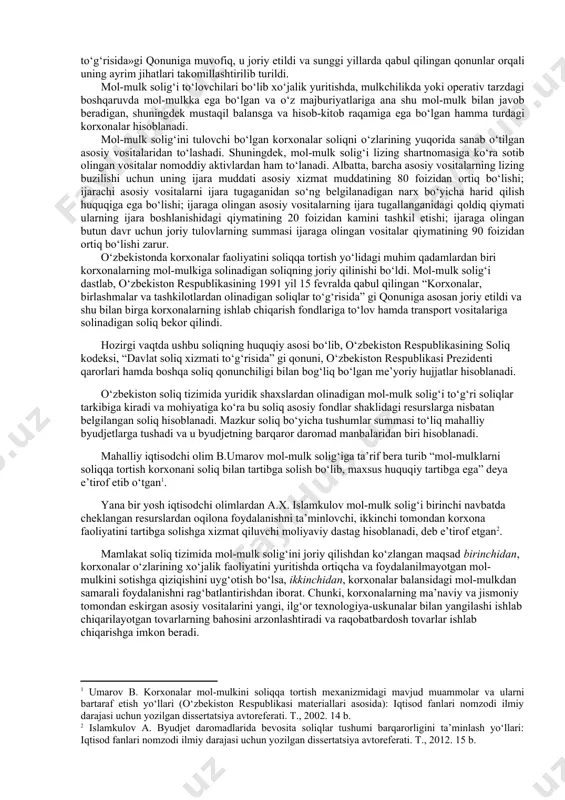 ita qatnashmaydigan lekin uning uchun ma’lum sharoitlar yaratib uni tashkil qilishga uzoq muddat xizmat qiladigan mulklarga aytiladi. ularga imoratlar, jihozlar, transport vositalari, uy-joy ishnootlari va boshqalar kiradi. yuridik shaxslarning mol-mulklarining asosiy xususiyatlaridan biri shundan iboratki, ular ishlab chiqarish jarayonida uzoq muddat xizmat qiladi va shu bilan birga o‘zining dastlabki jismoniy ko‘rinishini saqlab qoladi. ular mahsulot ishlab chiqarish jarayoni uchun zarur bo‘lgan sharoitlarni yaratib berishda uzoq muddat qatnashsa ham asta-sekin eskirib boradi va eskirgan qismini ishlab chiqarilayotgan mahsulot tannarxiga amortizatsiya ajratmasi ko‘rinishida qisman-qisman o‘tkazib boradi. shuning uchun ham korxonalar ushbu mol-mulklardan foydalanish jarayonida, ularni to‘g‘ri va unumli ishlatib, imkoni boricha ko‘p va sifatli mahsulot ishlab chiqarishni, har ishlab chiqarishga sarflangan har bir so‘mning rentabellik darajasini oshirilishini ta’minlashga harakat qilishadi. shuningdek, mavjud qonunchilikka ko‘ra barcha korxonalar mol-mulklari uchun byudjetga soliq to‘lash majburiyatiga ham egadir. bu soliqlar summasi mol-mulklarning miqdoriga qarab mutanosib ravishda o‘zgarishi mumkin, ya’ni mol-mulklarning qiymati oshgan sari soliqlar summasi ham …