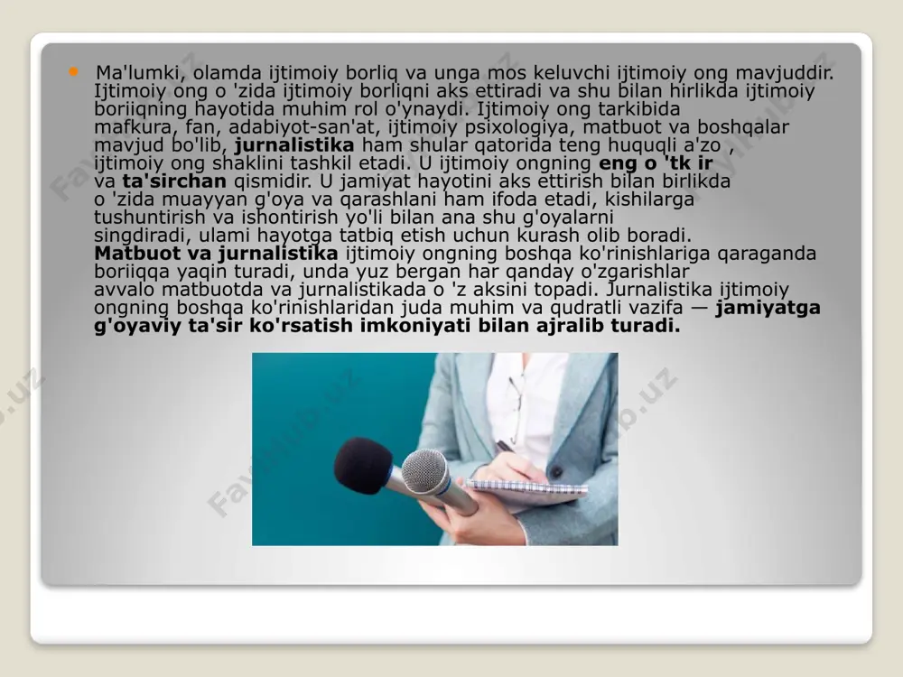 'o v bo'ladi. jurnalistika funksiyasi dunyo mutahasislari jurnalistikaning vazifalari ko`p va xilma- xilligini ta’kidlashmoqda. vazifalarning avvali uning axborort berish tabiatidan kelib chiqadi. hayotta har bir narsani o`z vazifasi bor. jurnalistika funksiyasi – (lot. functio -vazifa, xizmat, majburiyat ma’nolarini anglatadi) deyilganda oav o`z vazifasini amalga oshirish davomida olgan majburiyatlari majmuasi, ya’ni jamiyatdagi bajarishi kerak bo`lgan hayotiy faoliyat usullariga aytiladi. jurnalistikaning maqsadi madsad – oldindan ko`rilgan, ko`zda tutilgan, istalgan, xos, mos, zarur vositalar orqali amalga oshirilgan natijadir. kutilgan natijaga qarab maqsad aniqlanar ekan, natijaga erishishga kirishishdan oldin natija haqida muayyan tassavirga ega bo`lmoq zarur. jurnalistika o`zining barcha vazifalari asosida xalq manfaatini nazarda tutadi. ana shulardan eng muhimi, u xalq va siyosatchilar o`rtasida vositachilik qiladi. u hukumat vakillari tomonidan xalqning barcha xohish-istaklari, irodasi qolaversa ovozini baralla eshtilishini ta’minlaydi. foydalanilgan adabiyotlar ro`yxati: jurnalistikaga kirish (muxtor xudoyqulov) jurnalistika asoslari ( t.qozoqboyev, m.xudoyqulov) jurnalistika tarixi va taraqqiyoti. matbuot – millat chirog`i 1999- yil sulaymonov i. image2.png …